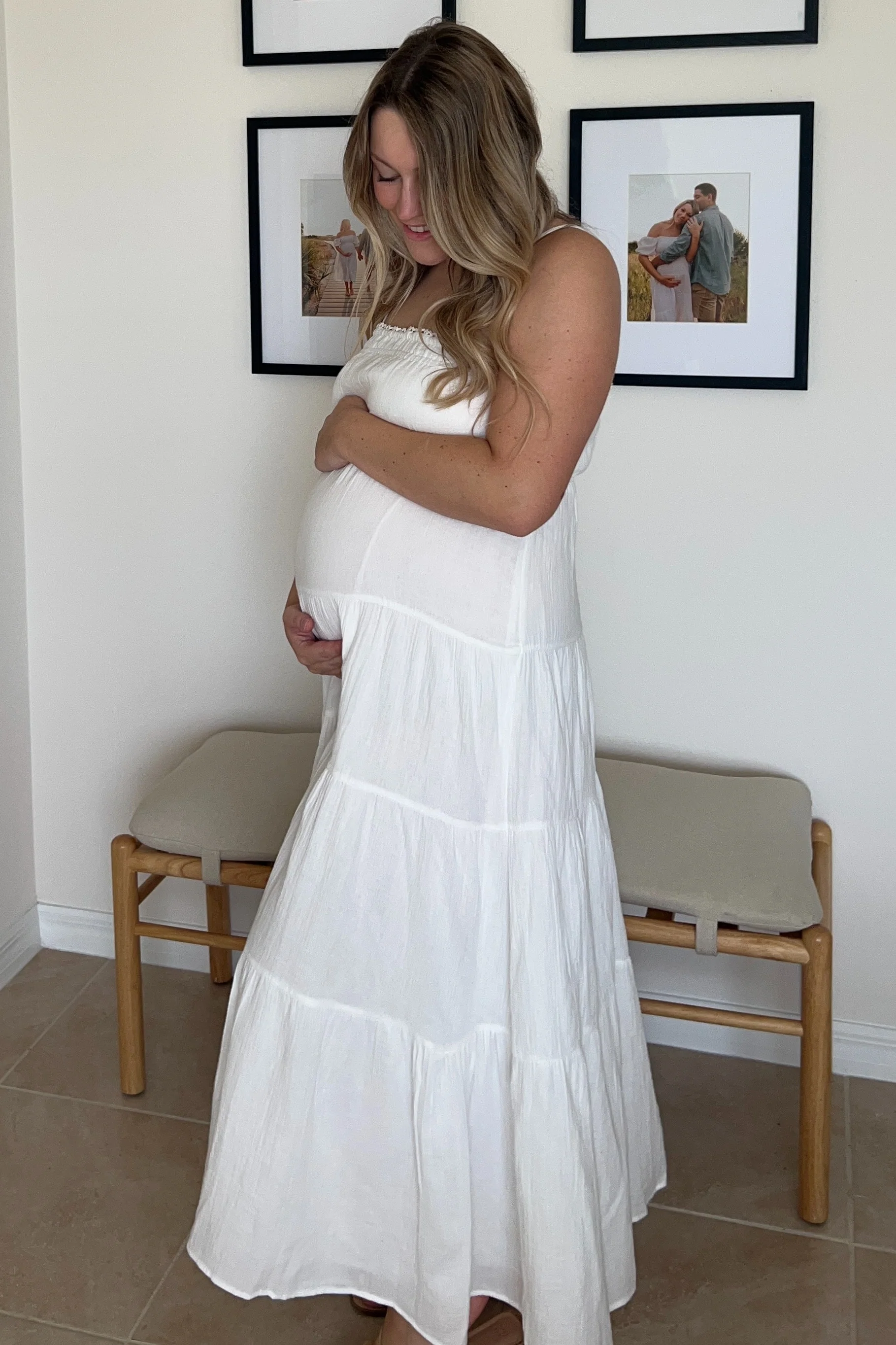 Ivory Crochet Trim Tiered Maternity Maxi Dress - Image 4