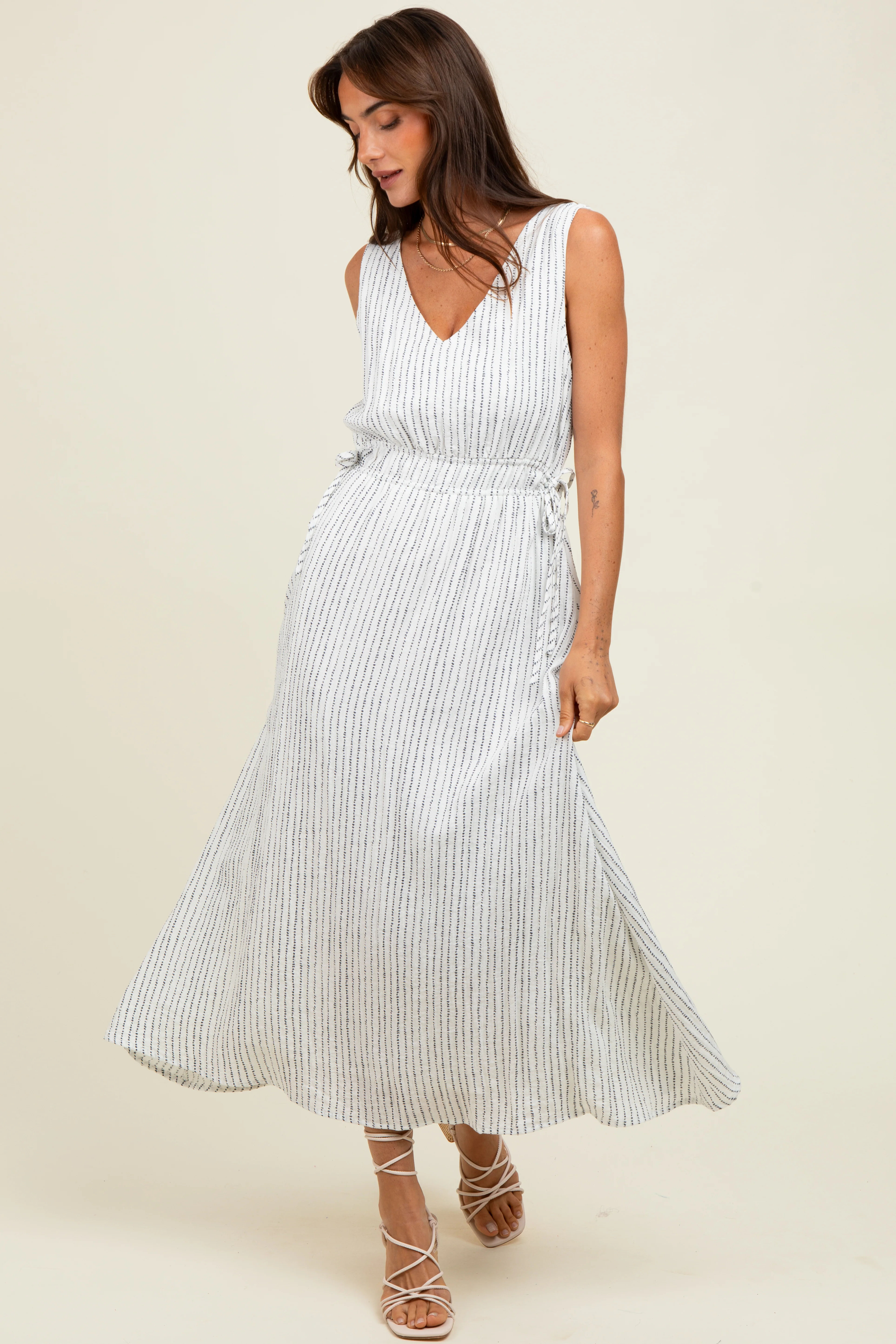 Ivory Dotted Stripe Side Tie Sleeveless Midi Dress - Image 2