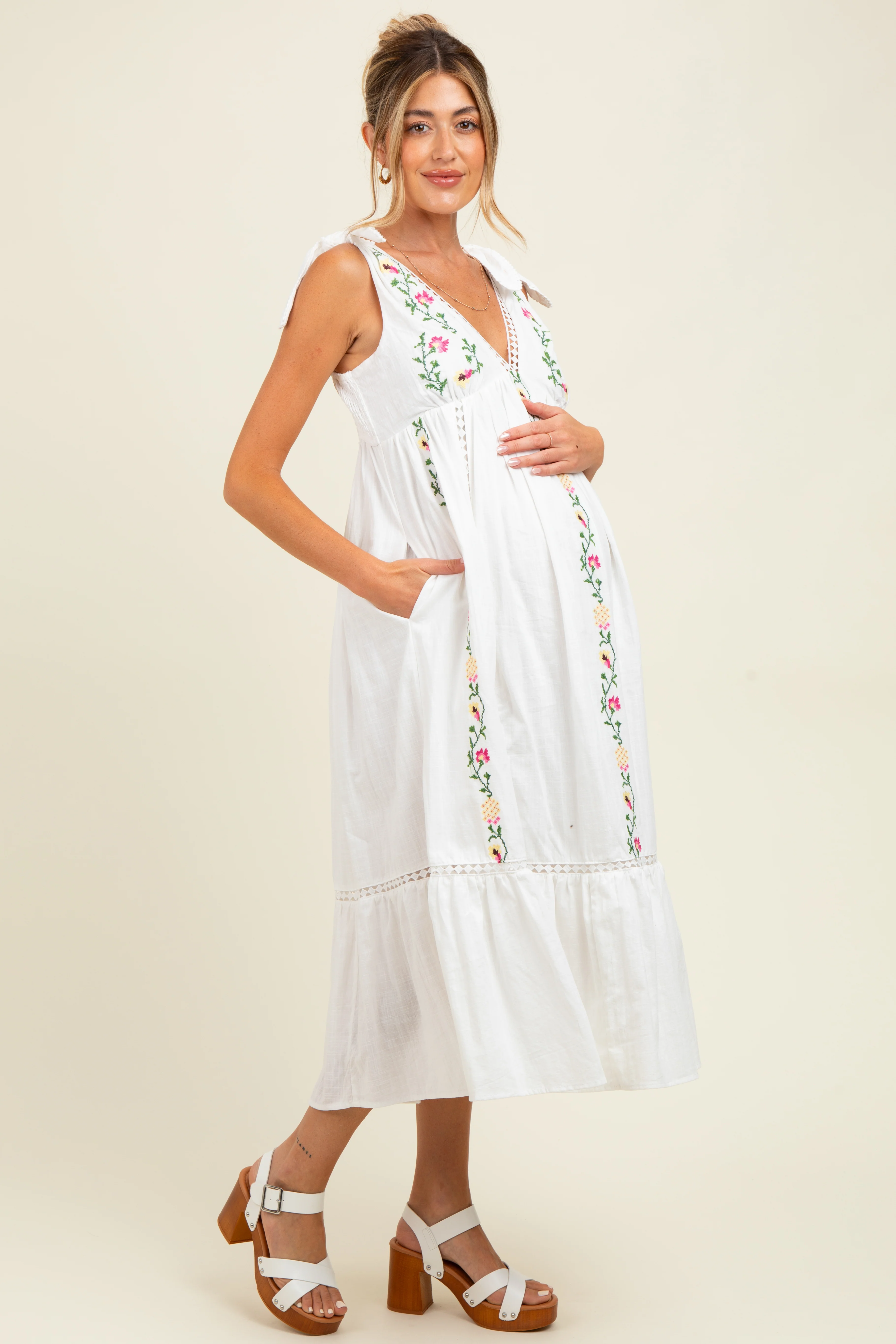 Ivory Embroidered Cotton Summer Maternity Maxi Dress - Image 3