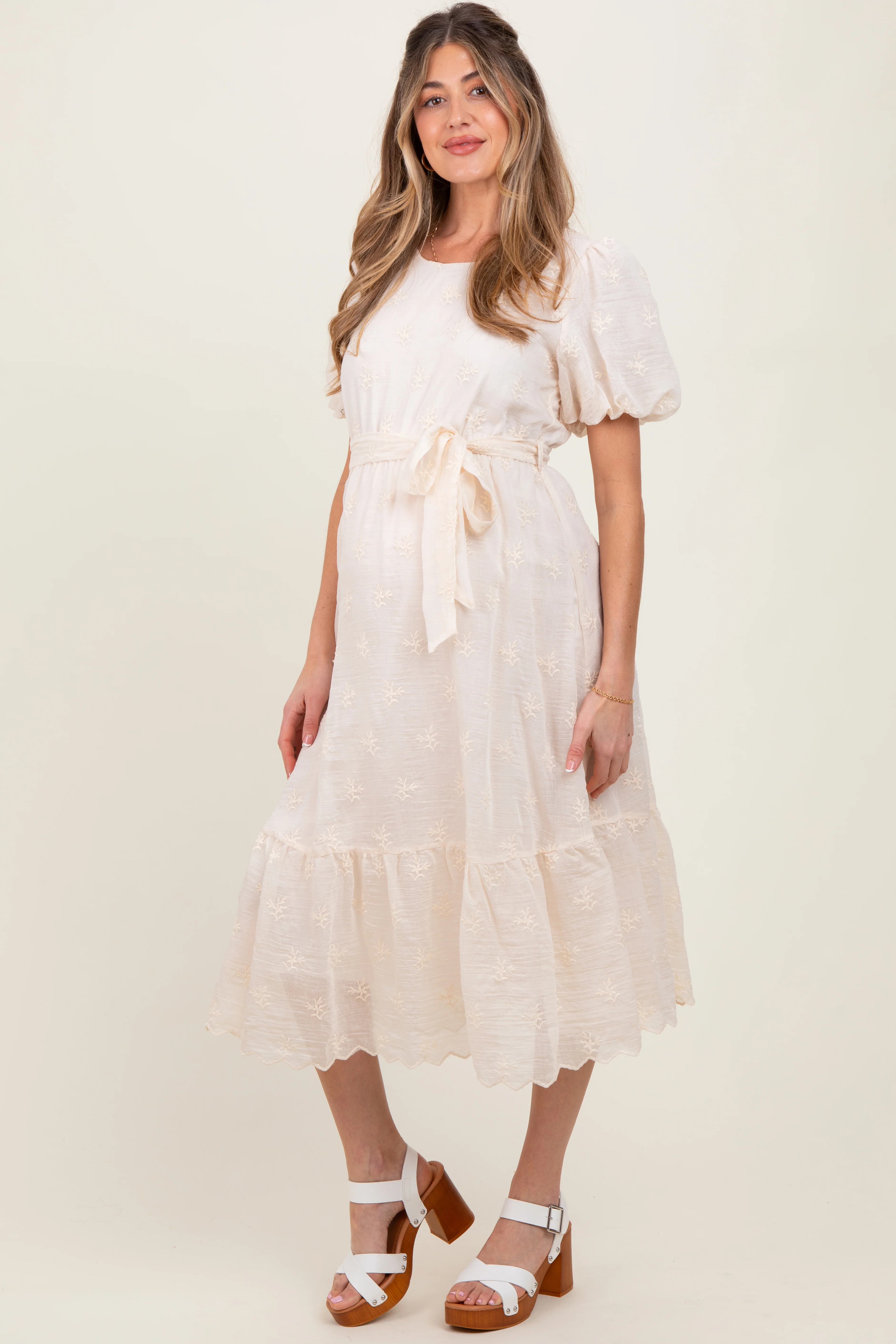 Ivory Embroidered Tied Waist Short Sleeve Maternity Midi Dress - Image 3