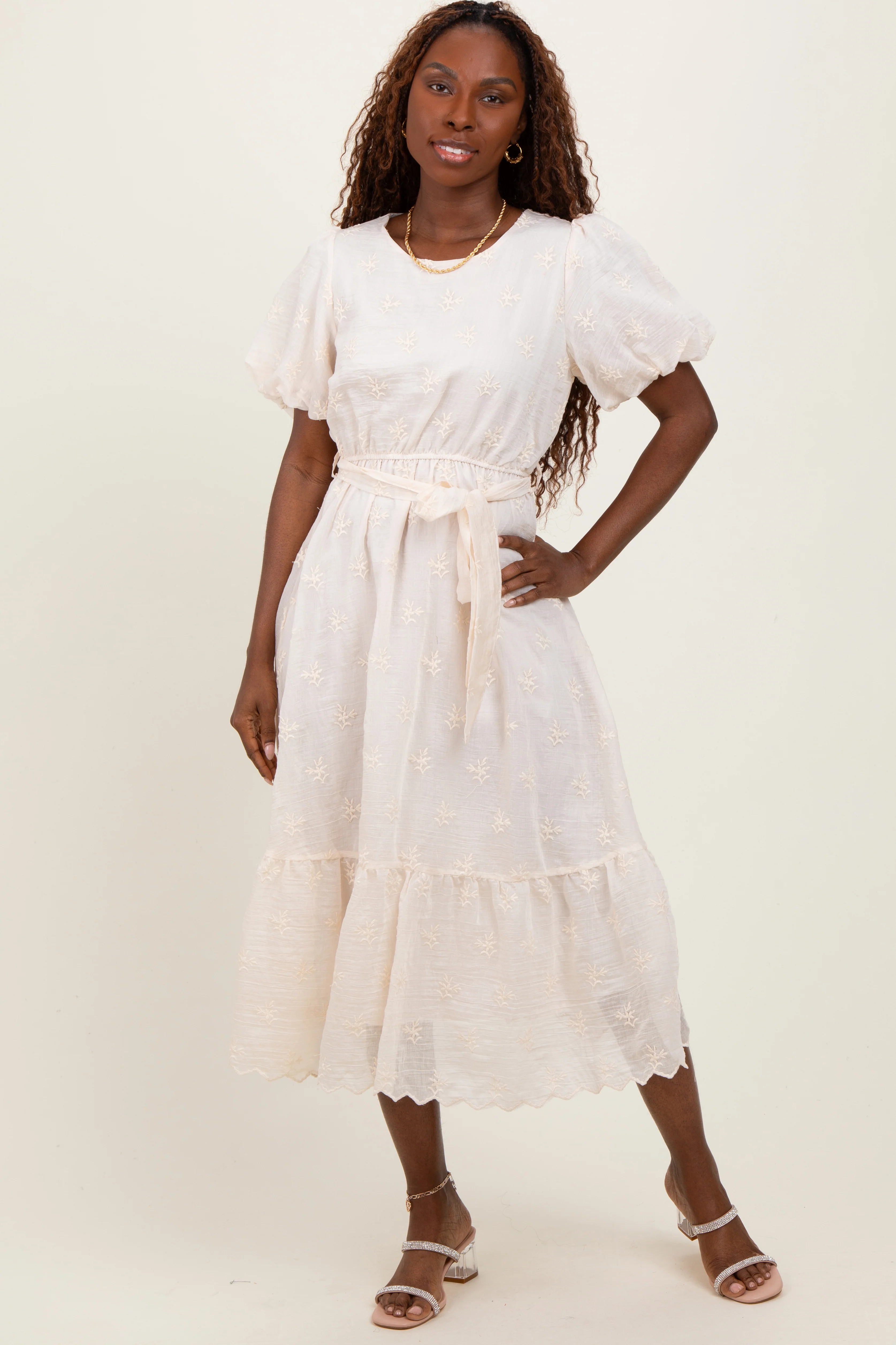 Ivory Embroidered Tied Waist Short Sleeve Maternity Midi Dress - Image 5
