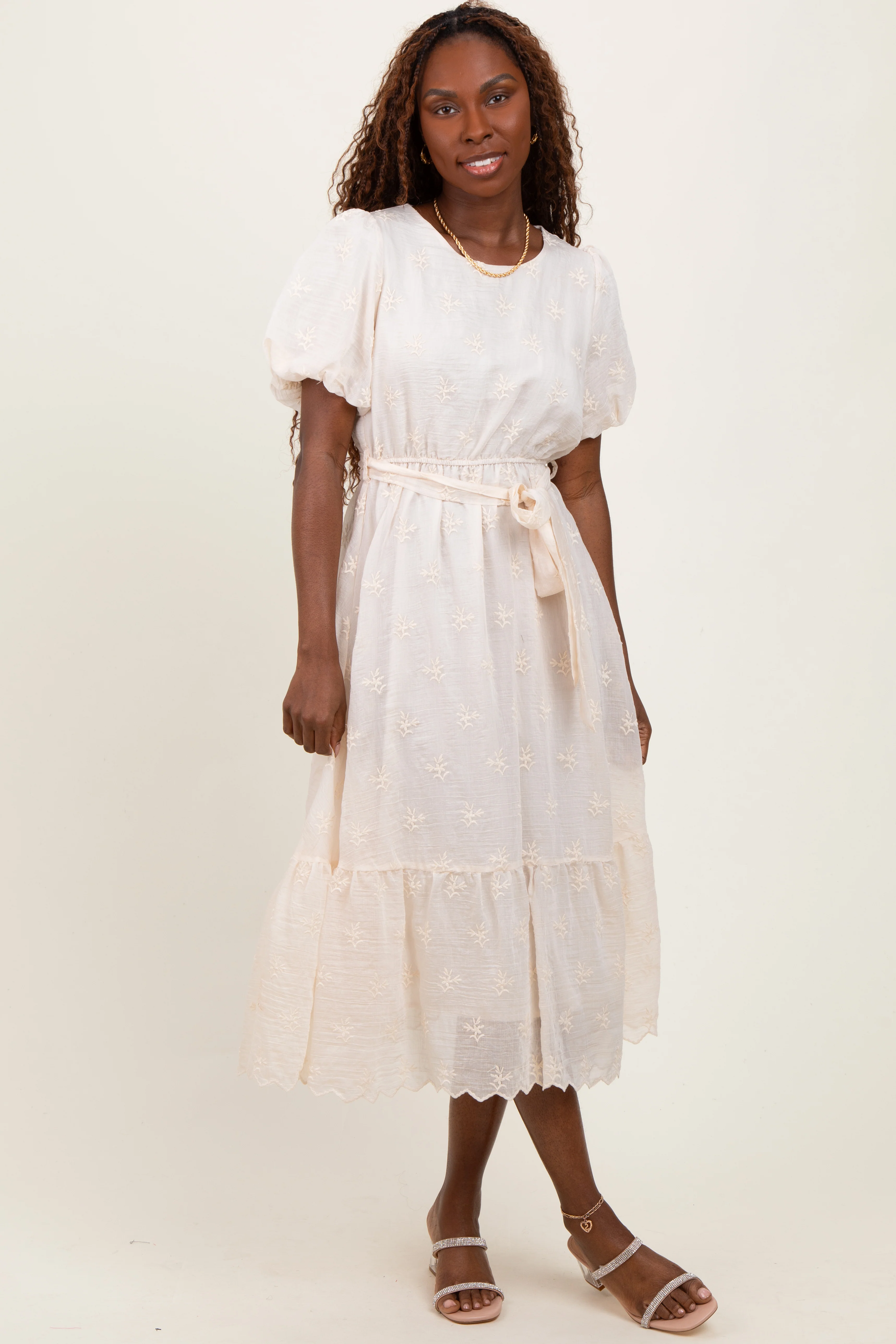 Ivory Embroidered Tied Waist Short Sleeve Midi Dress - Image 2