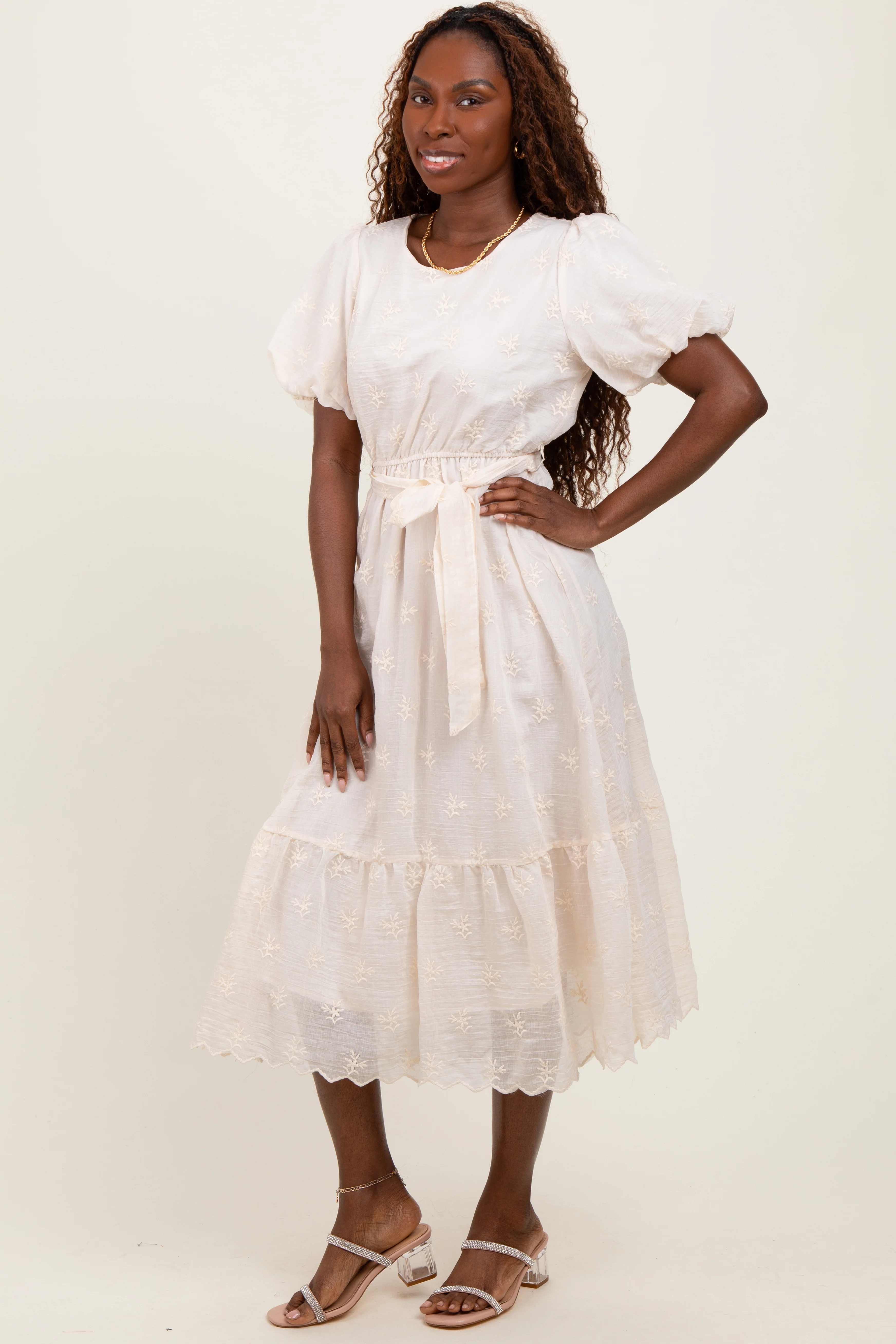 Ivory Embroidered Tied Waist Short Sleeve Midi Dress - Image 3