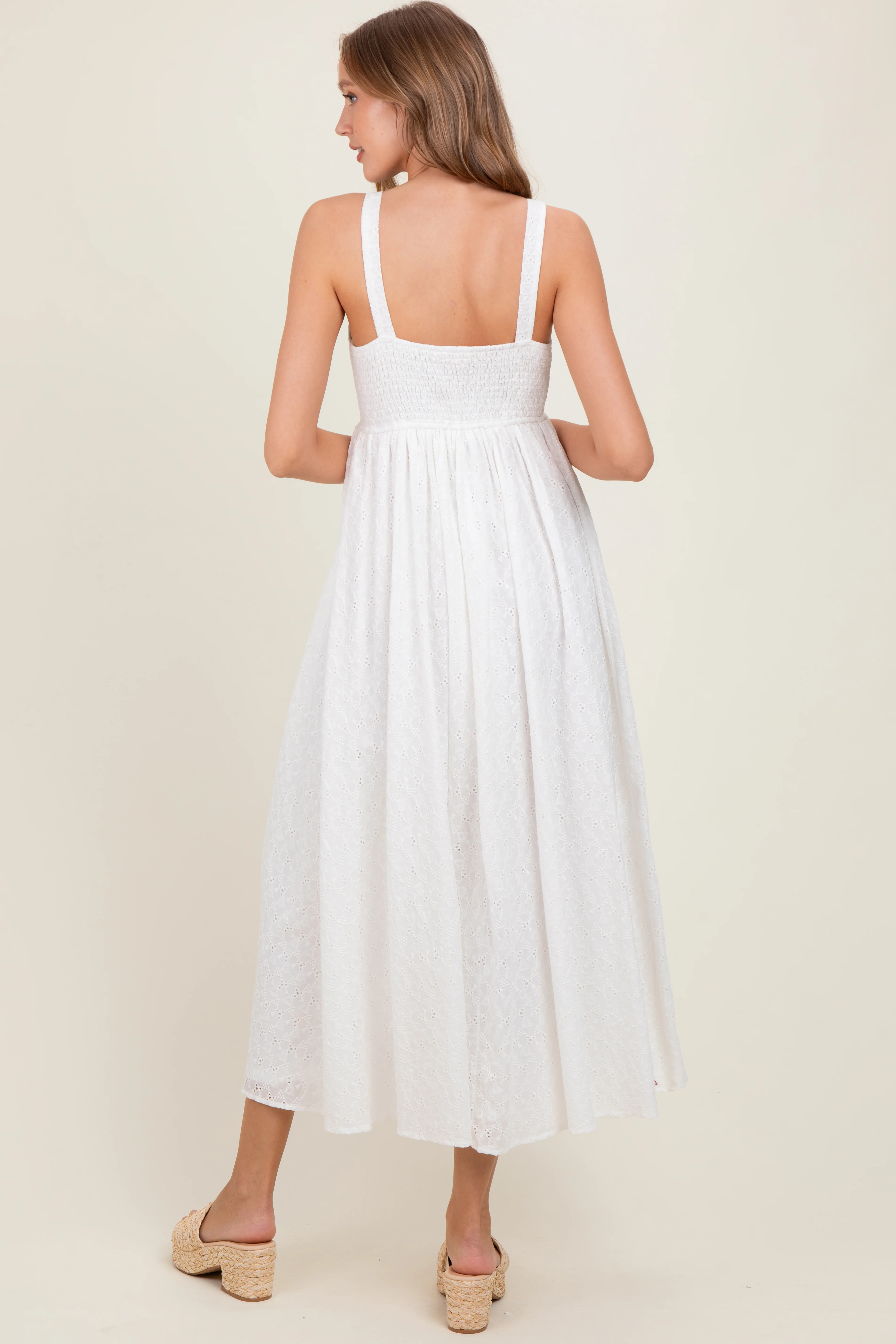 Ivory Eyelet Lace Sweetheart Neckline Midi Dress - Image 4