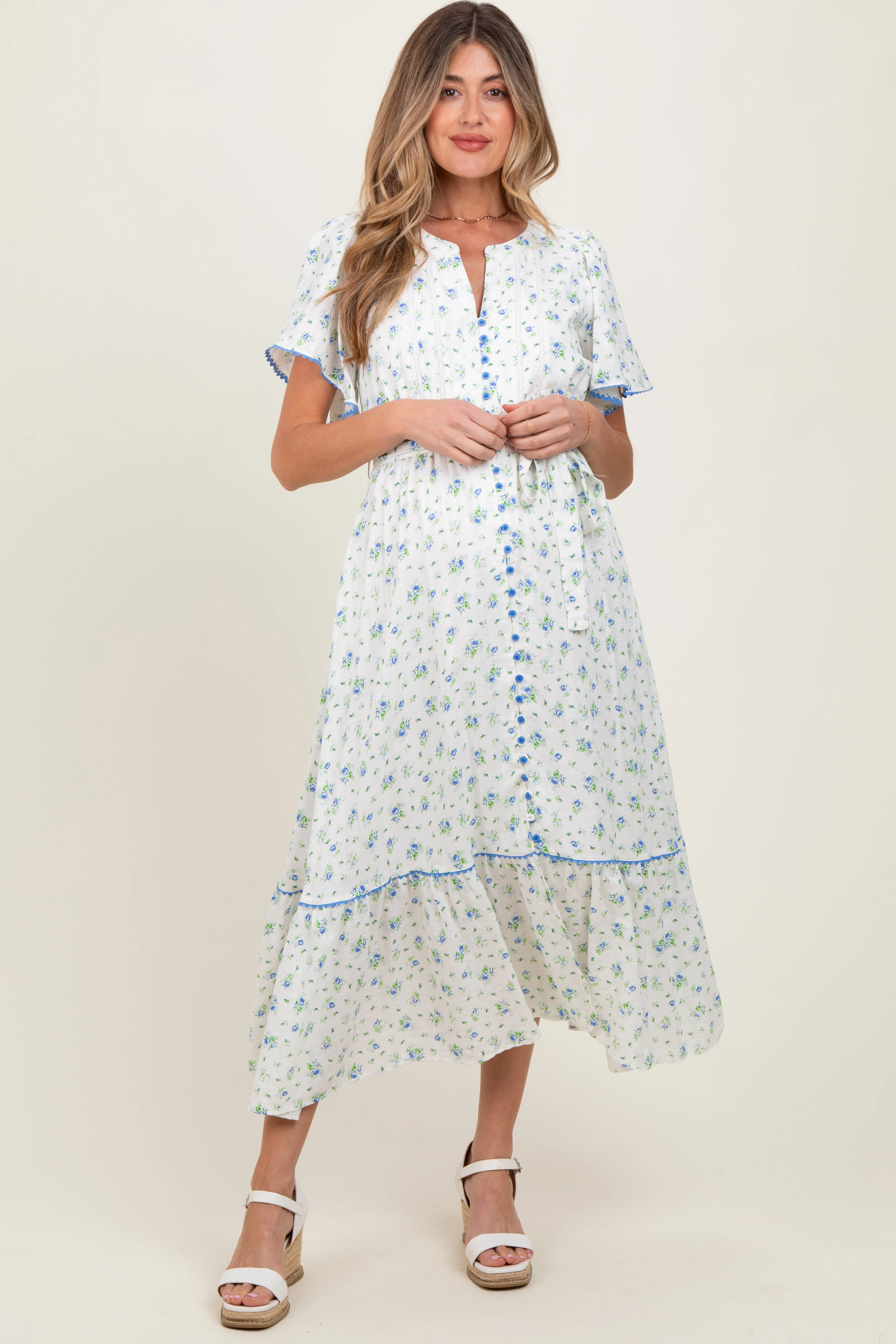 Ivory Floral Button Down Maternity Midi Dress