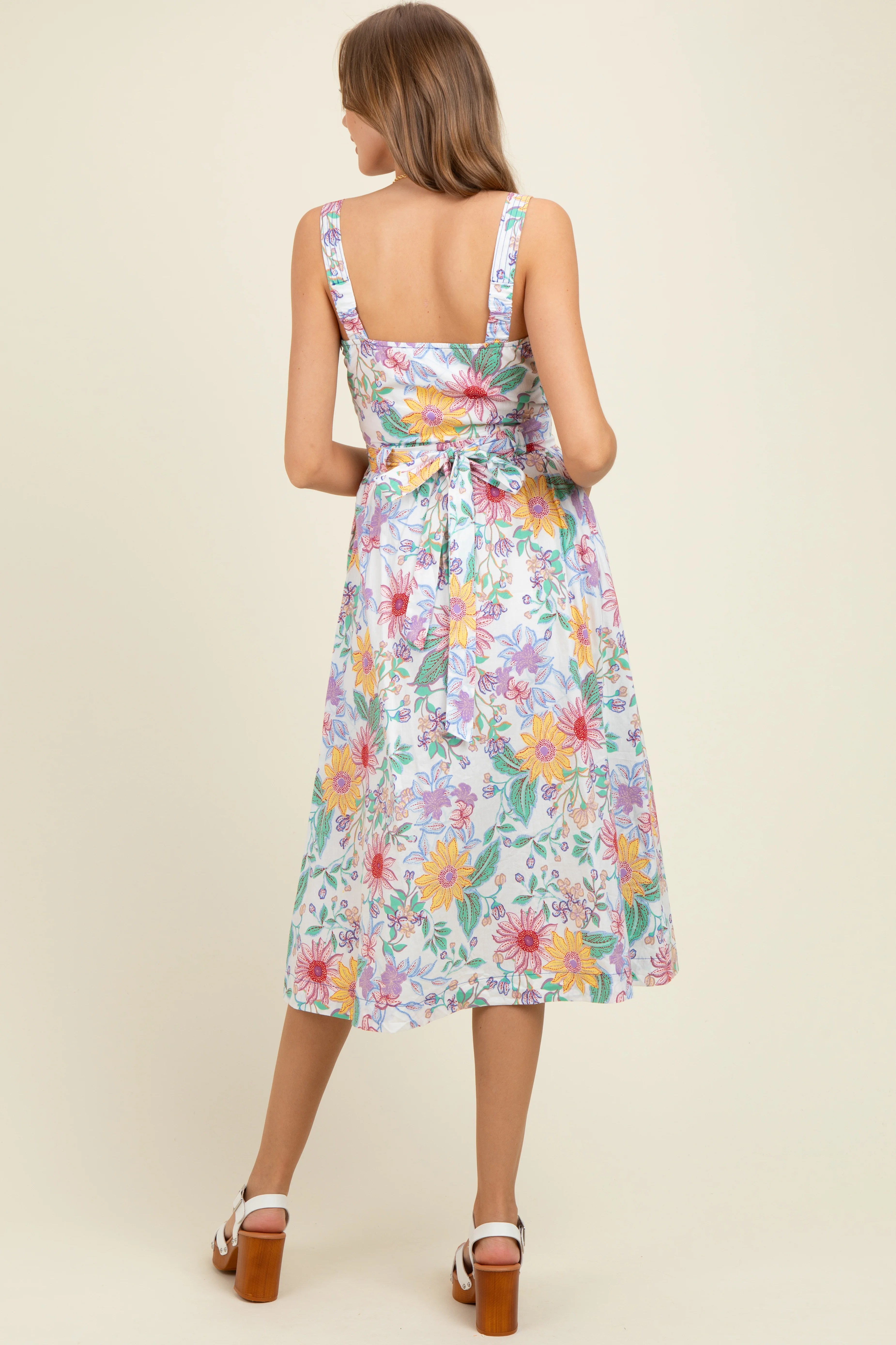 Ivory Floral Button Front Sash Tie Maternity Midi Dress - Image 4