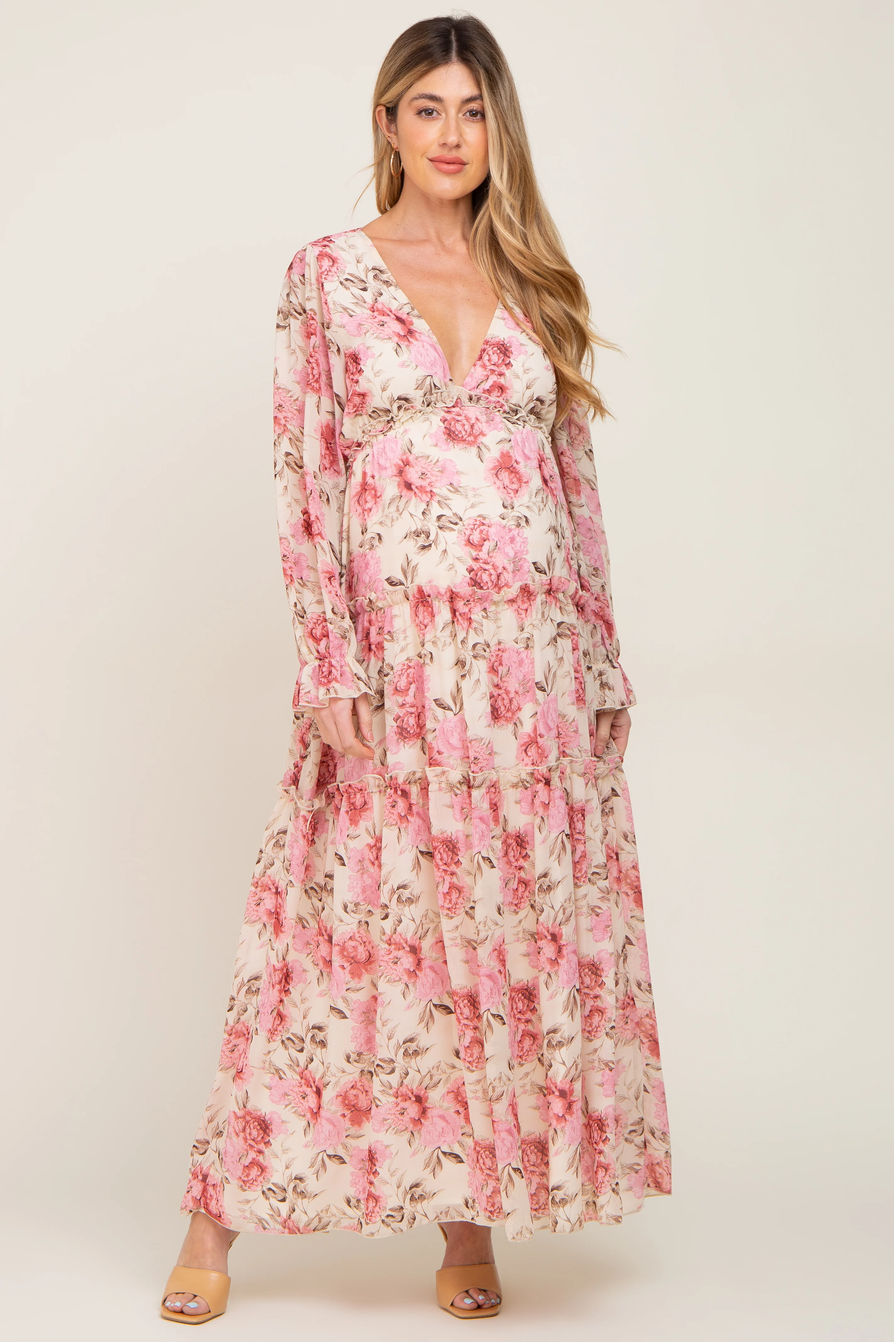 Ivory Floral Chiffon Ruffle Tiered Maternity Maxi Dress - Image 4