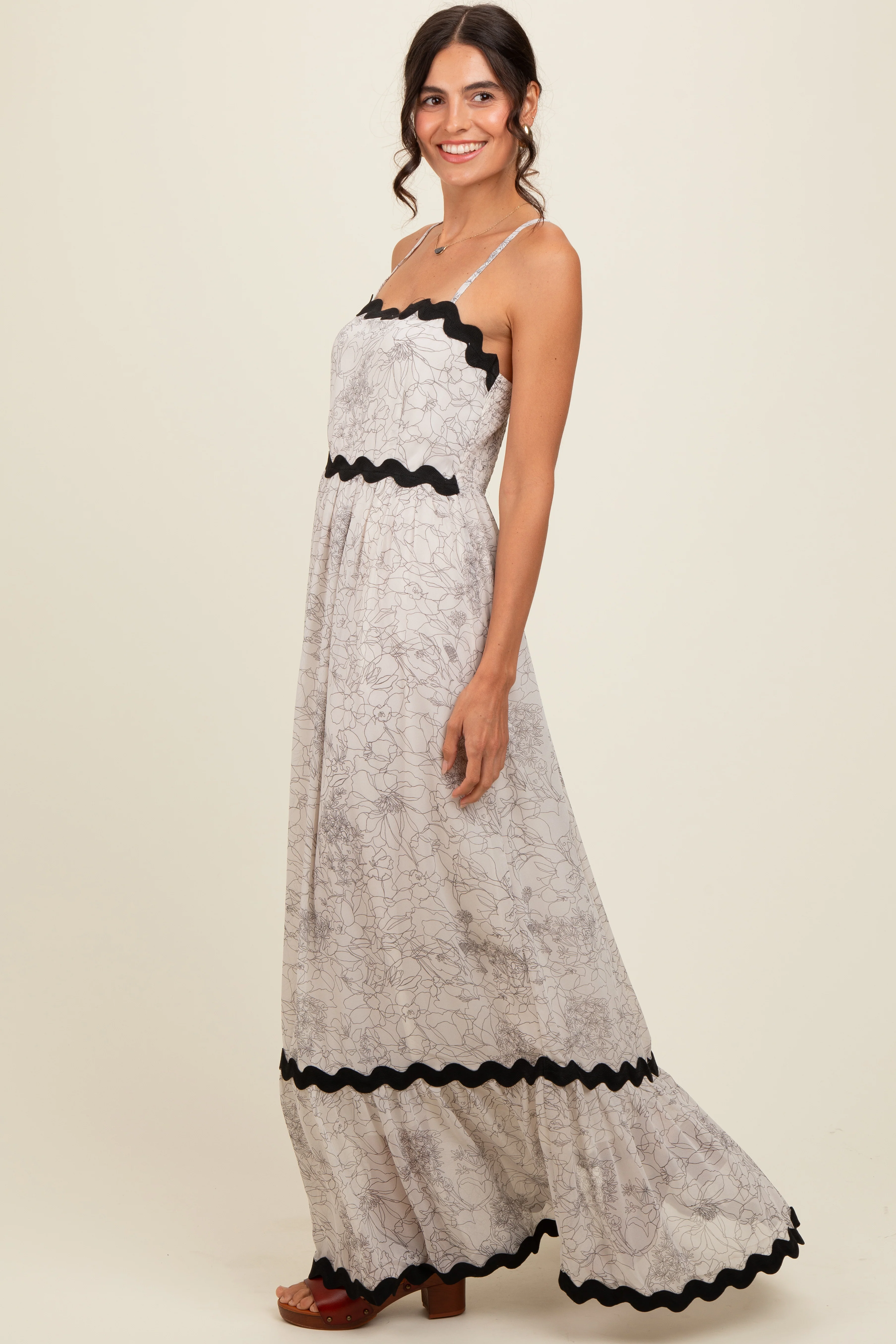 Ivory Floral Contrast Trim Maxi Dress - Image 3