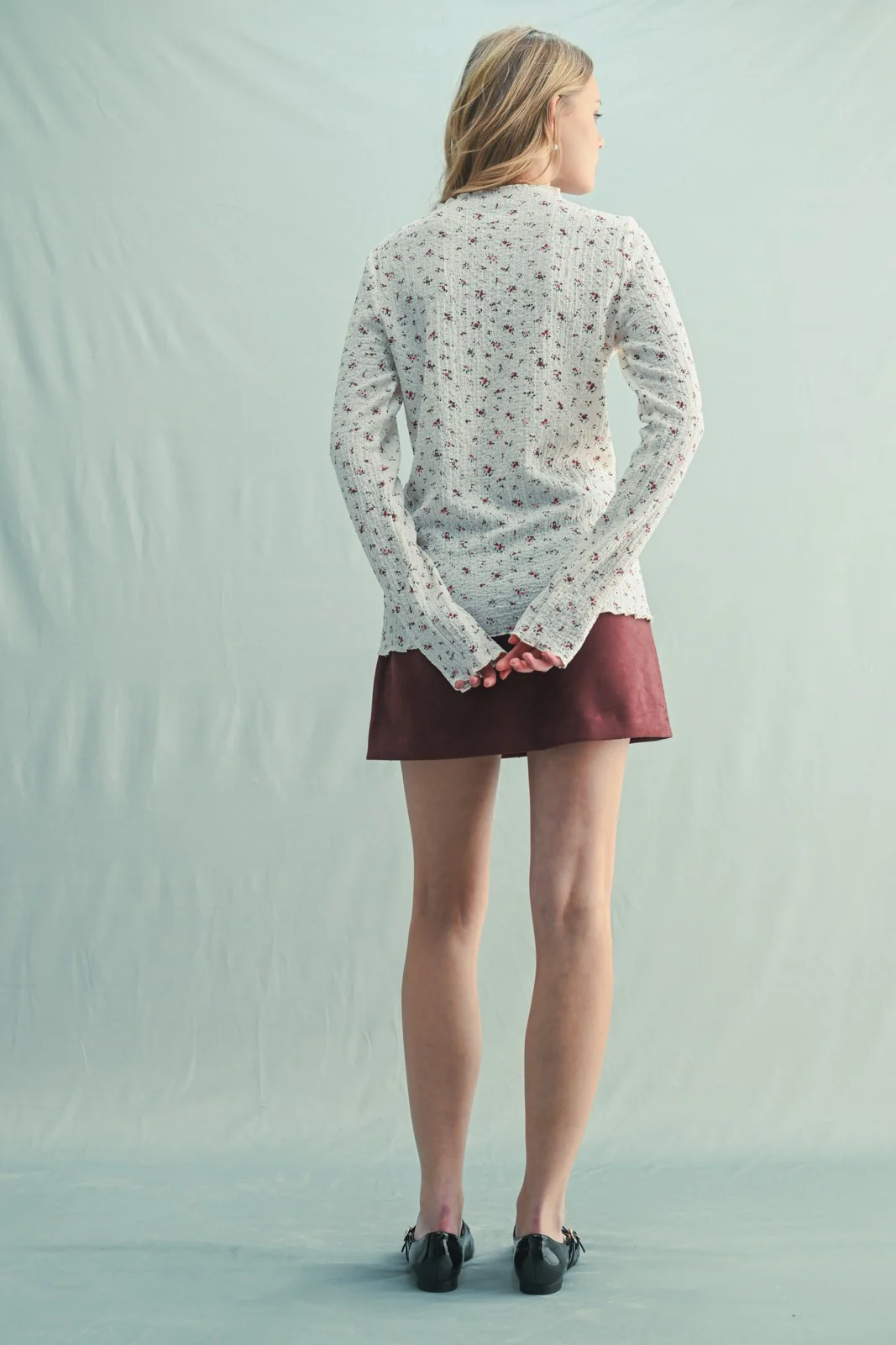 Ivory Floral Crinkled Texture High Neck Long Sleeve - Image 4