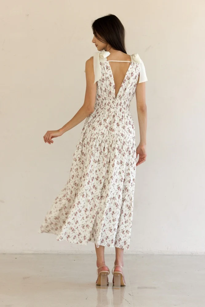 Ivory Floral Deep V-Neck Shoulder Tie Midi Dress - Image 4
