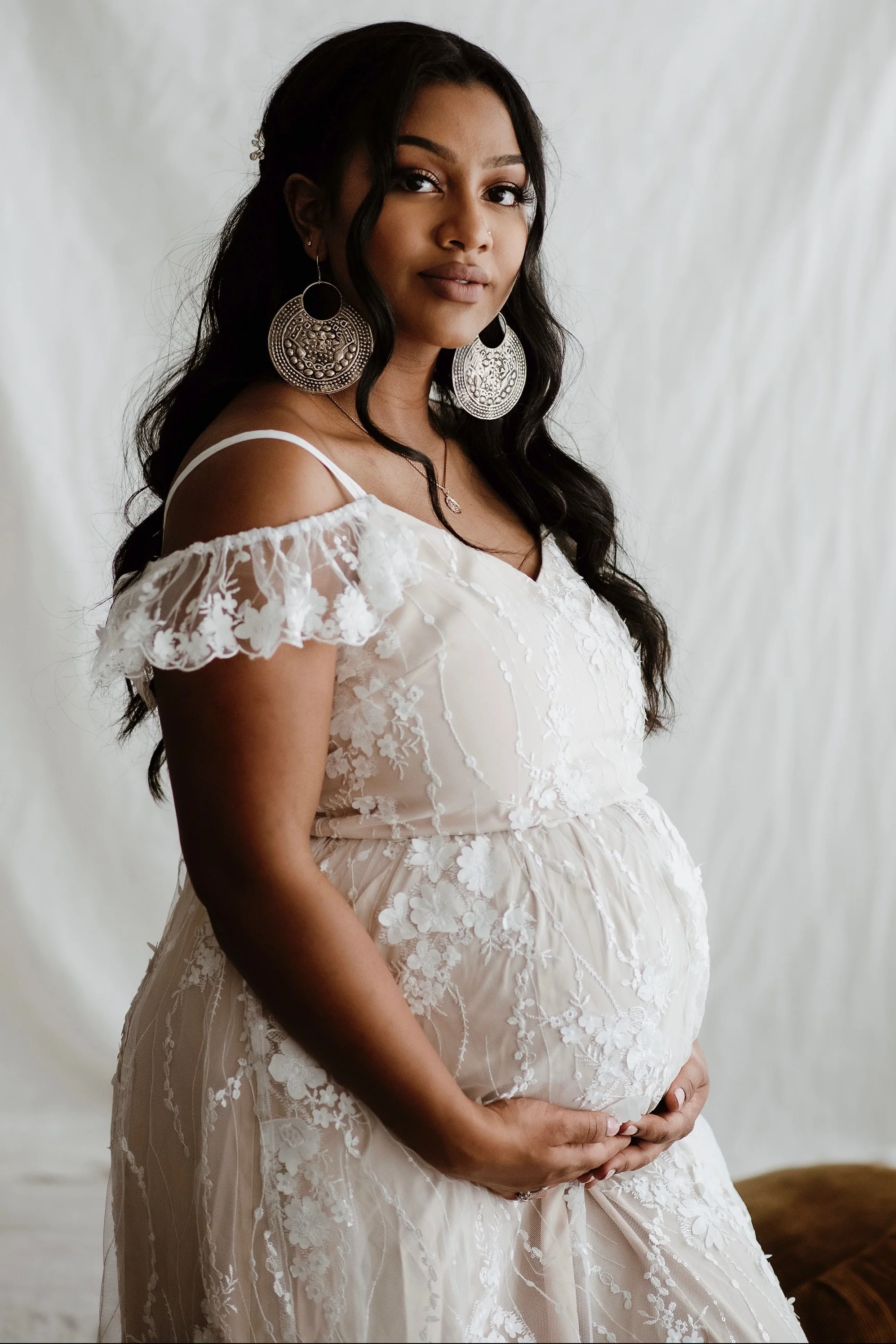 Ivory Floral Embroidered Mesh Maternity Evening Gown - Image 11
