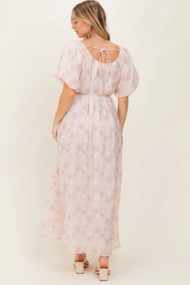 Ivory Floral Embroidered Puffed Sleeve Midi Dress - Image 3