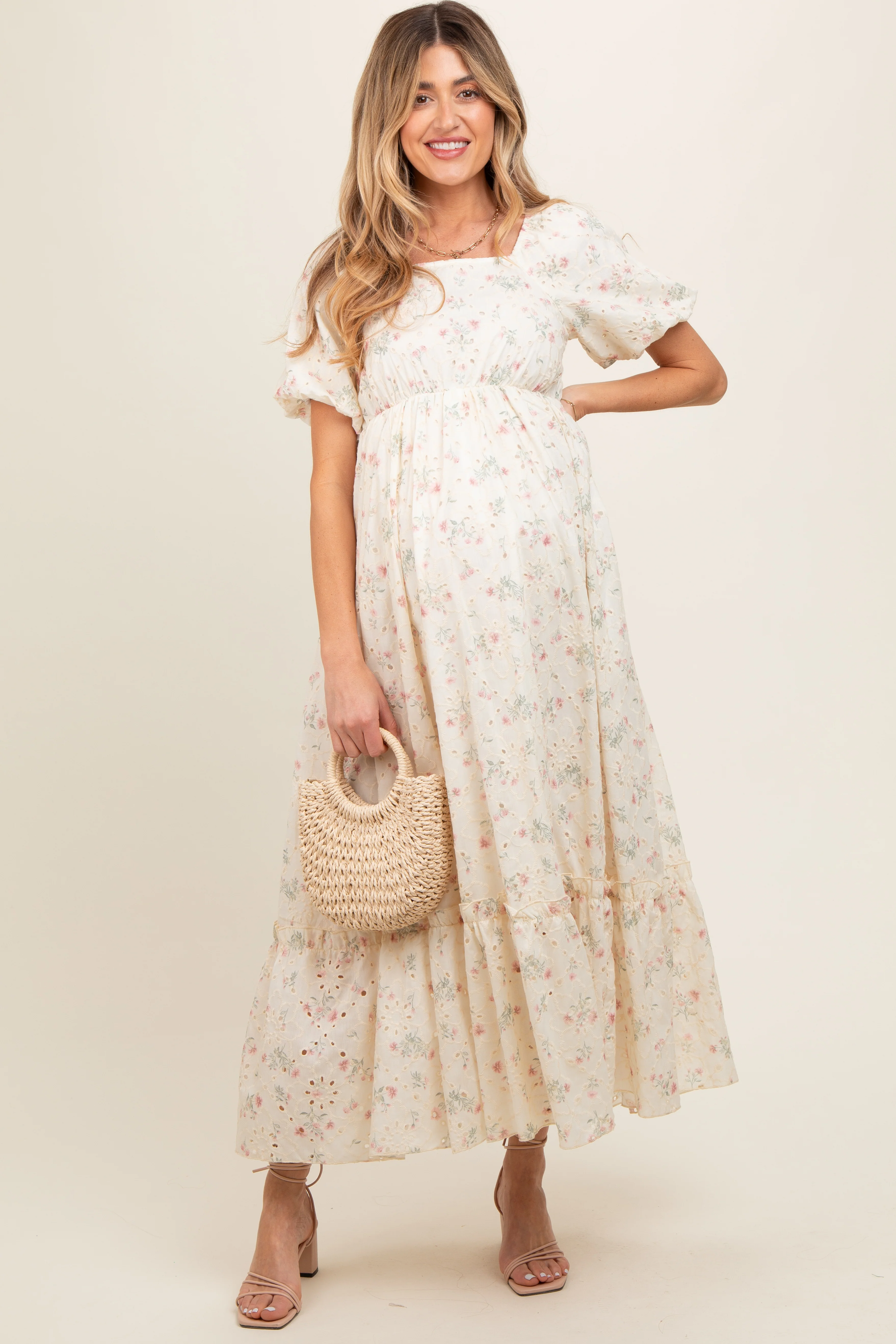 Ivory Floral Eyelet Puff Sleeve Maternity Maxi Dress - Image 2