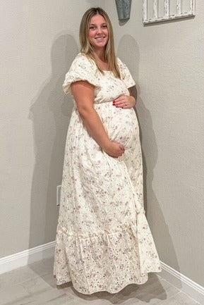Ivory Floral Eyelet Puff Sleeve Maternity Maxi Dress - Image 6
