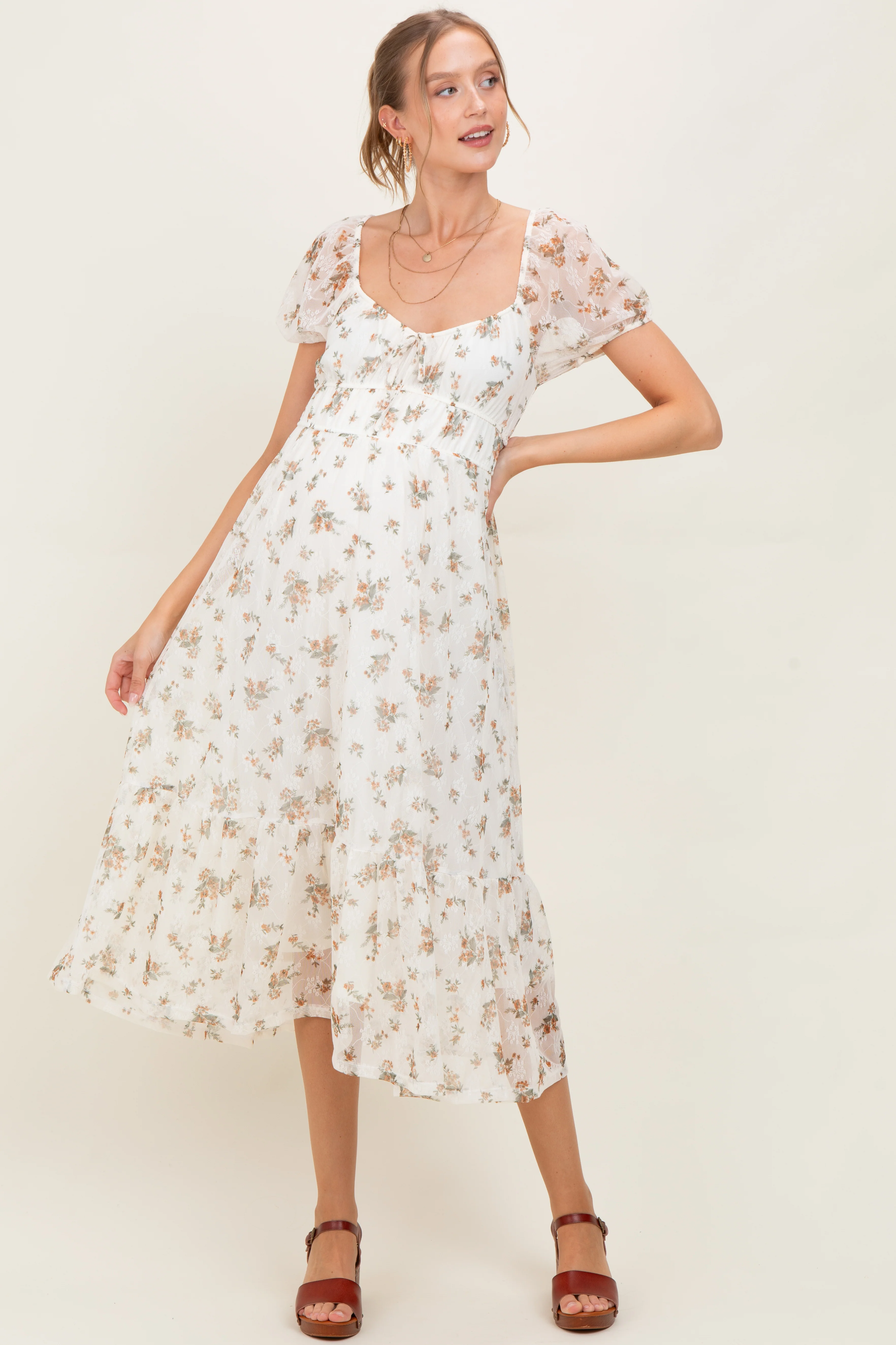 Ivory Floral Lace Overlay Puff Sleeve Maternity Midi Dress - Image 3