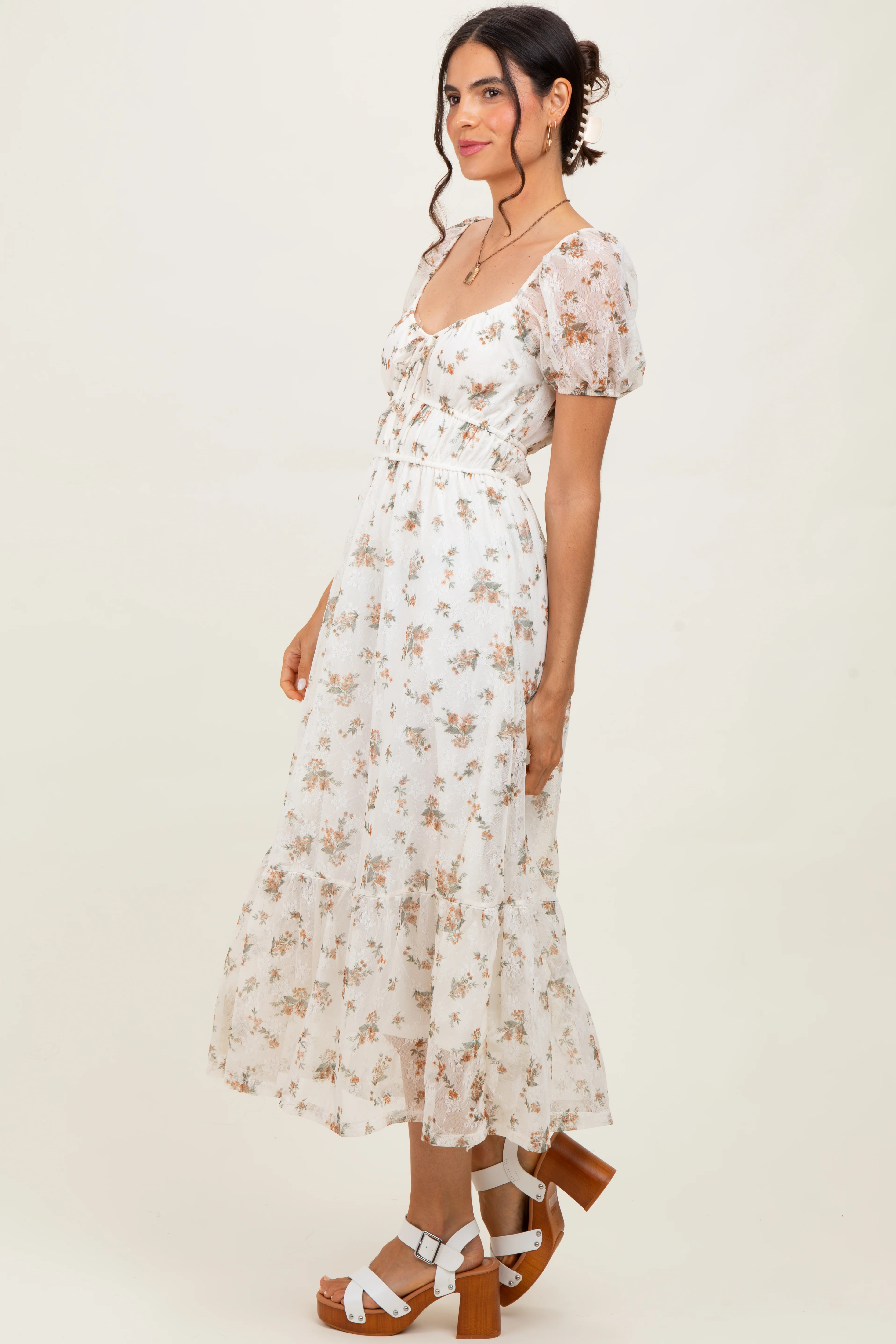 Ivory Floral Lace Overlay Puff Sleeve Midi Dress - Image 3