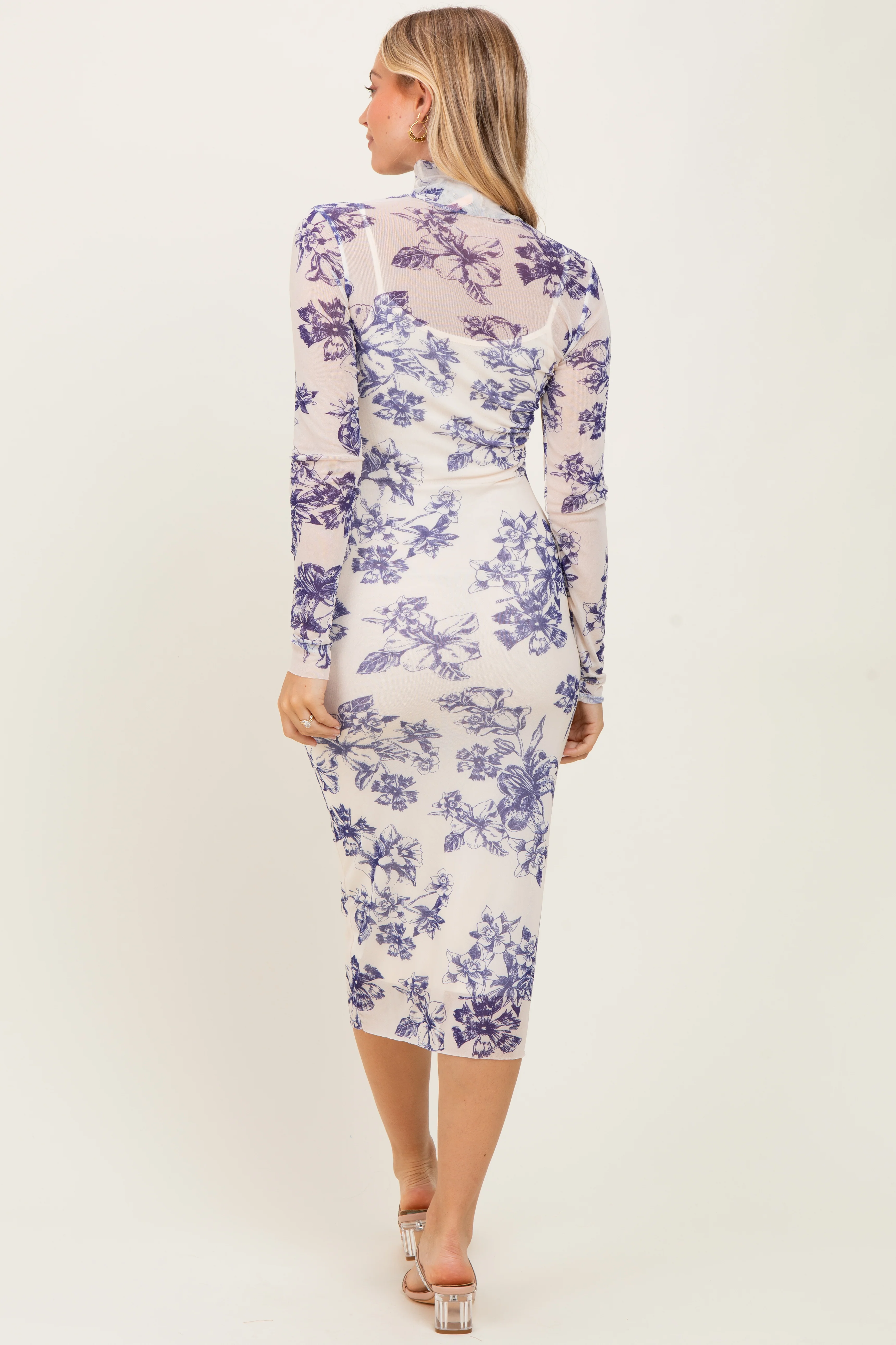 Ivory Floral Mesh Mock Neck Long Sleeve Midi Dress - Image 4
