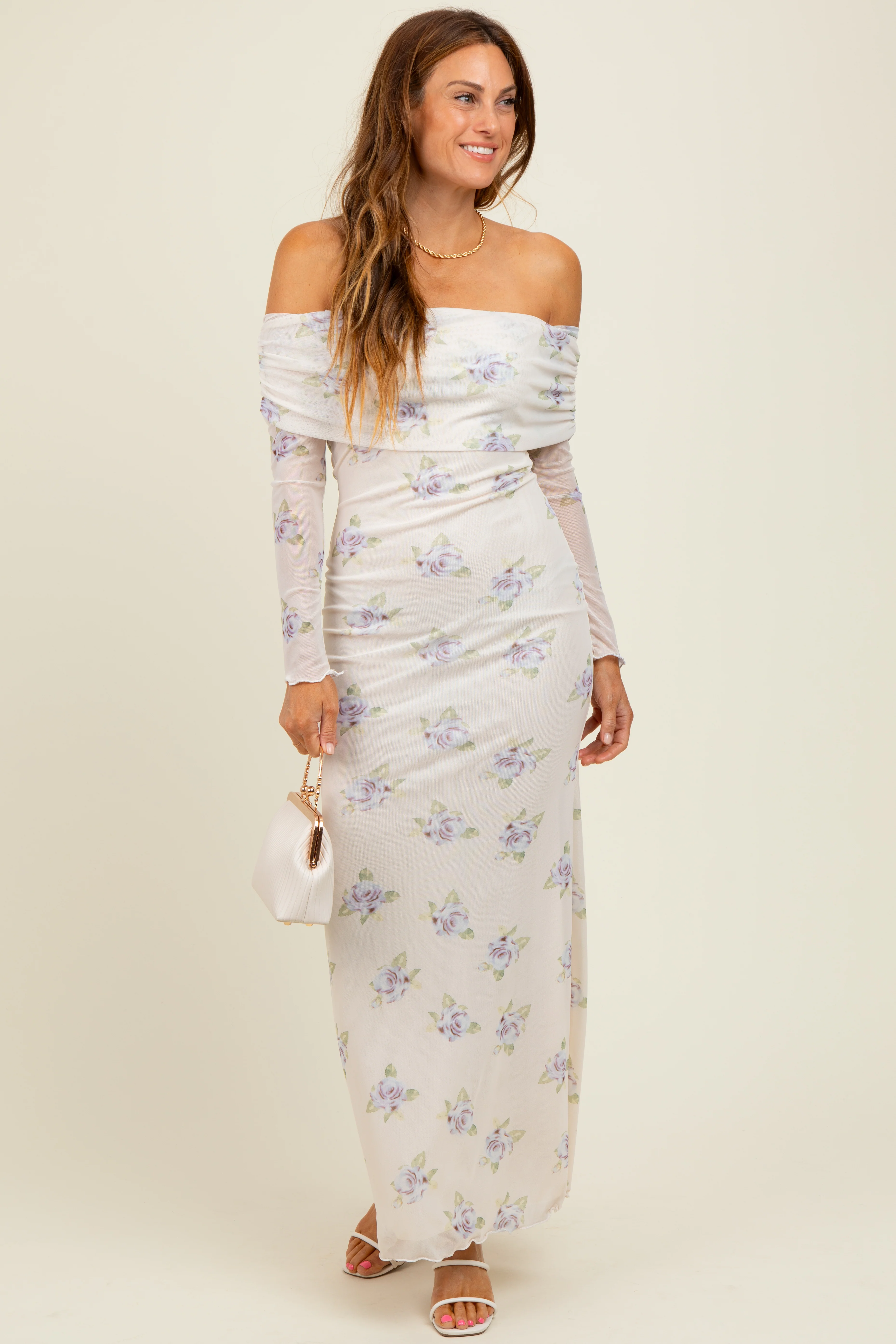 Ivory Floral Mesh Off Shoulder Foldover Maxi Dress - Image 2