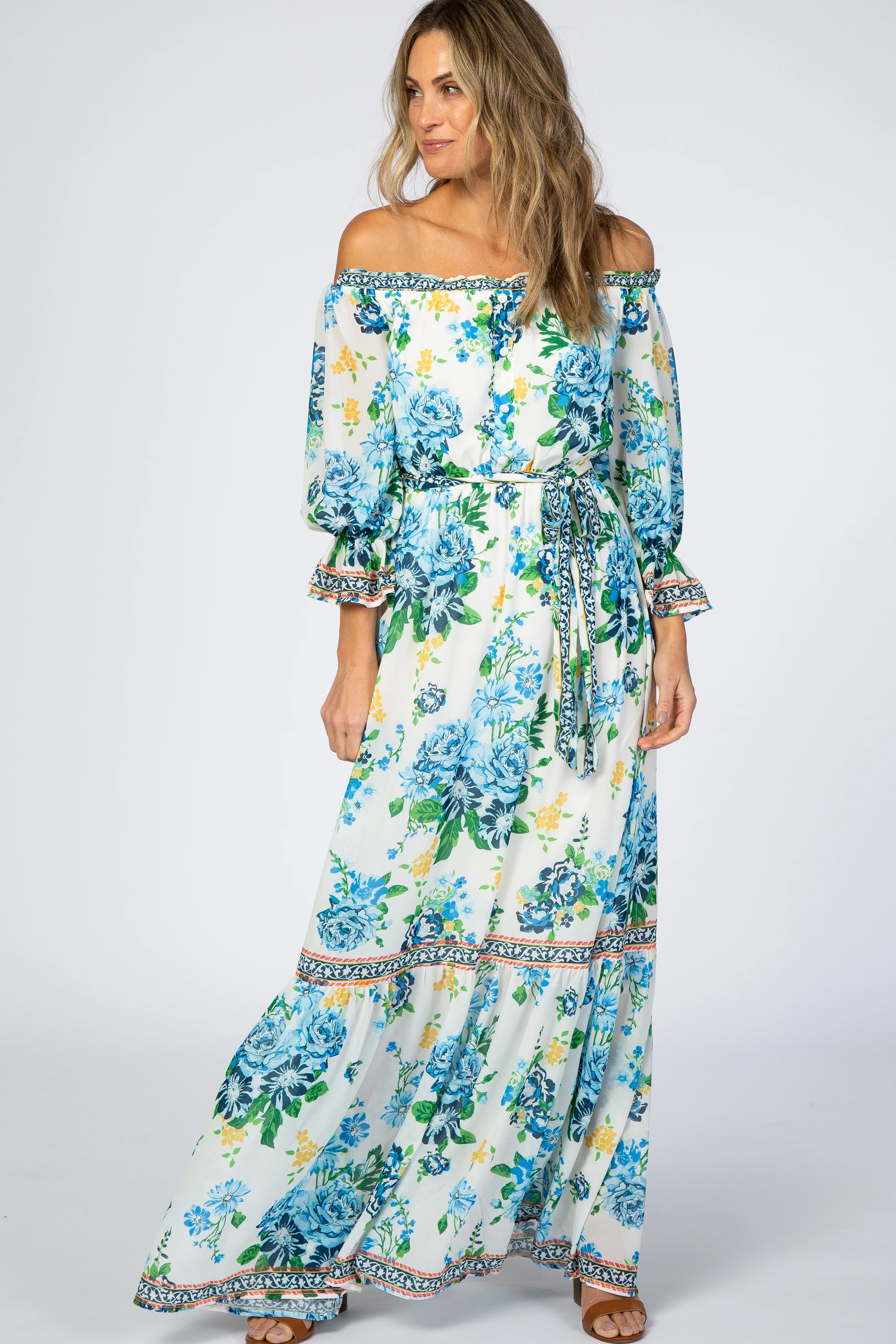 Ivory Floral Off Shoulder Maternity Maxi Dress - Image 4