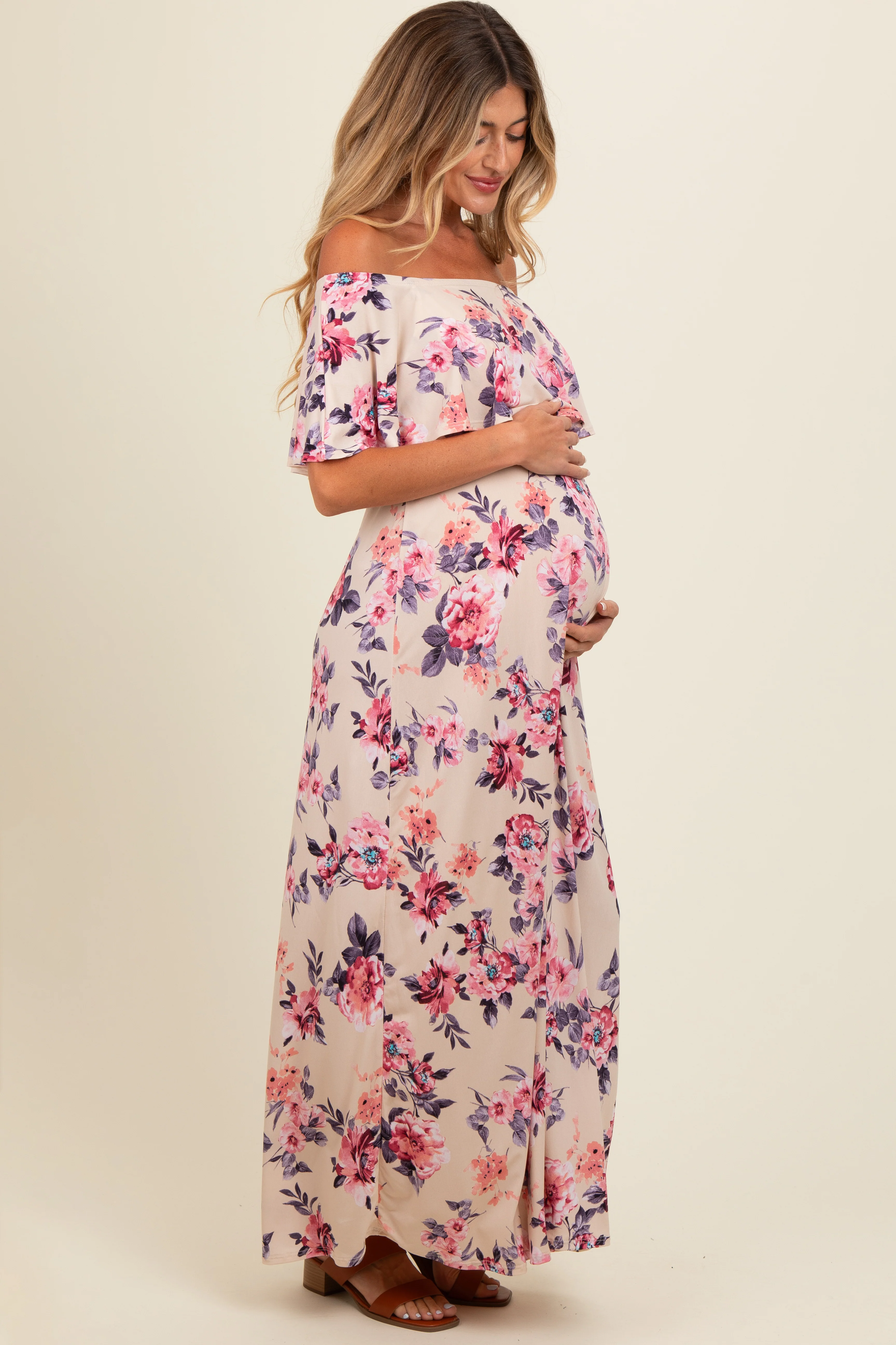 Ivory Floral Off Shoulder Maternity Maxi Dress - Image 2