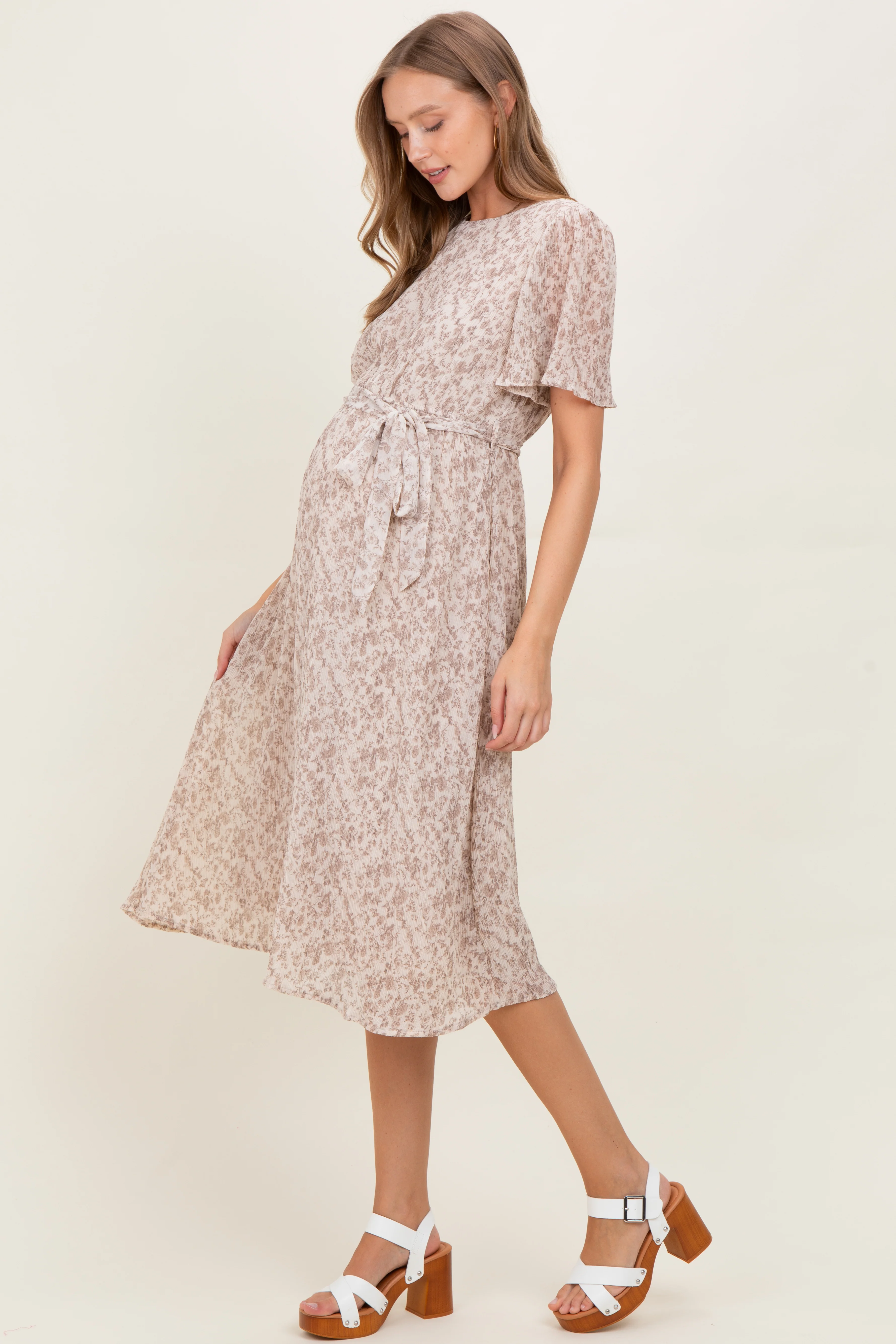 Ivory Floral Plisse Chiffon Maternity Midi Dress - Image 3