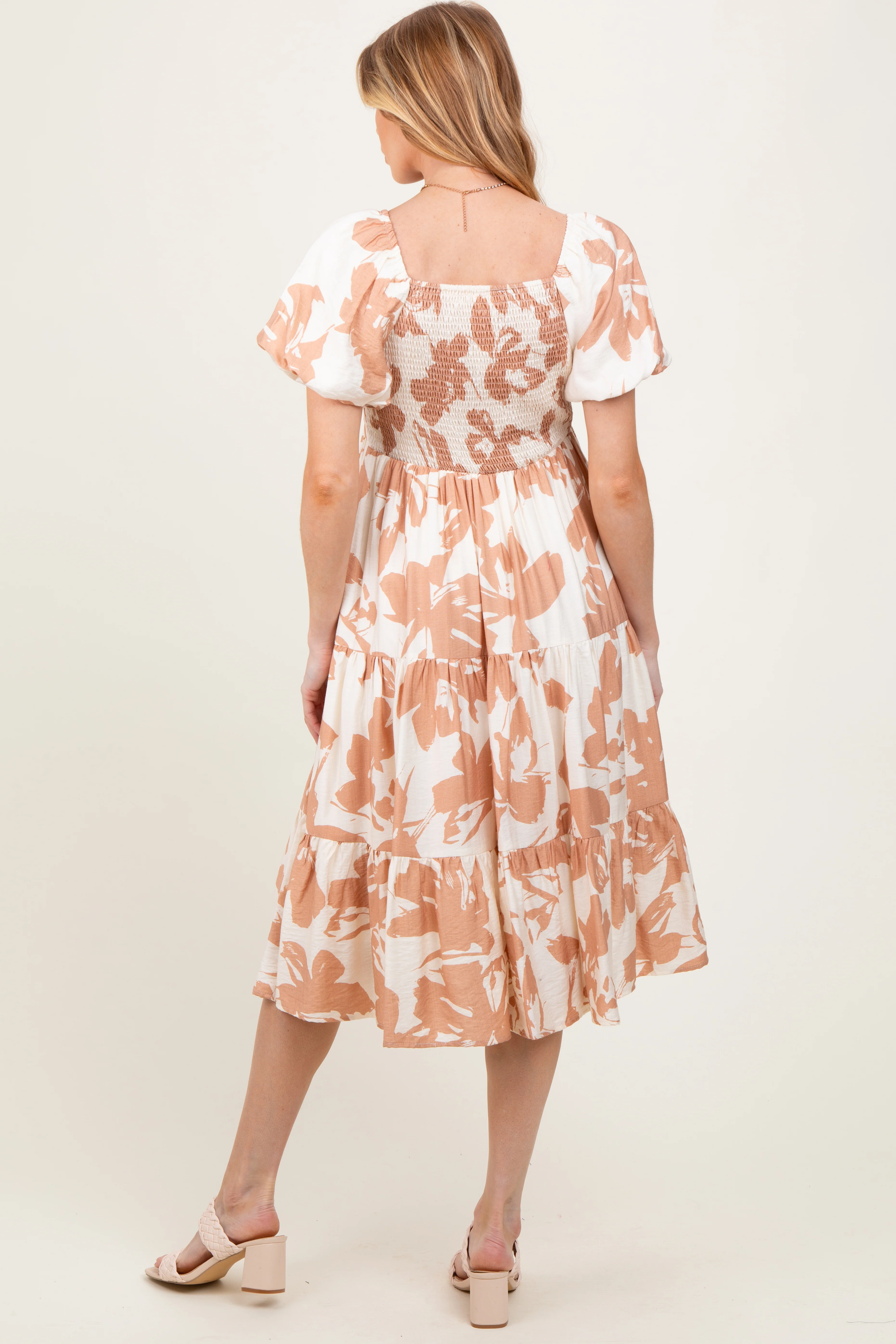 Ivory Floral Puff Sleeve Tiered Maternity Midi Dress - Image 4