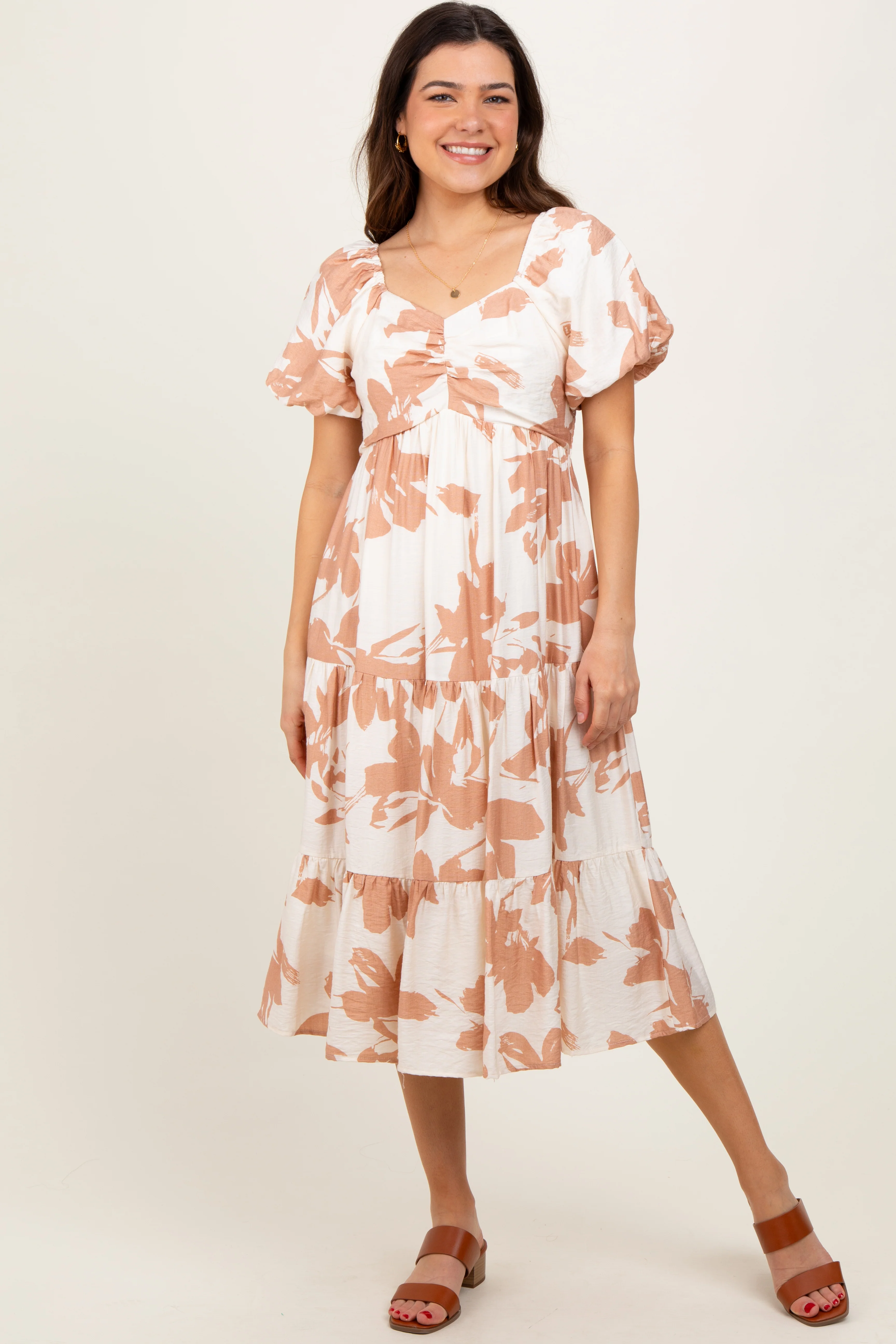 Ivory Floral Puff Sleeve Tiered Maternity Midi Dress - Image 5