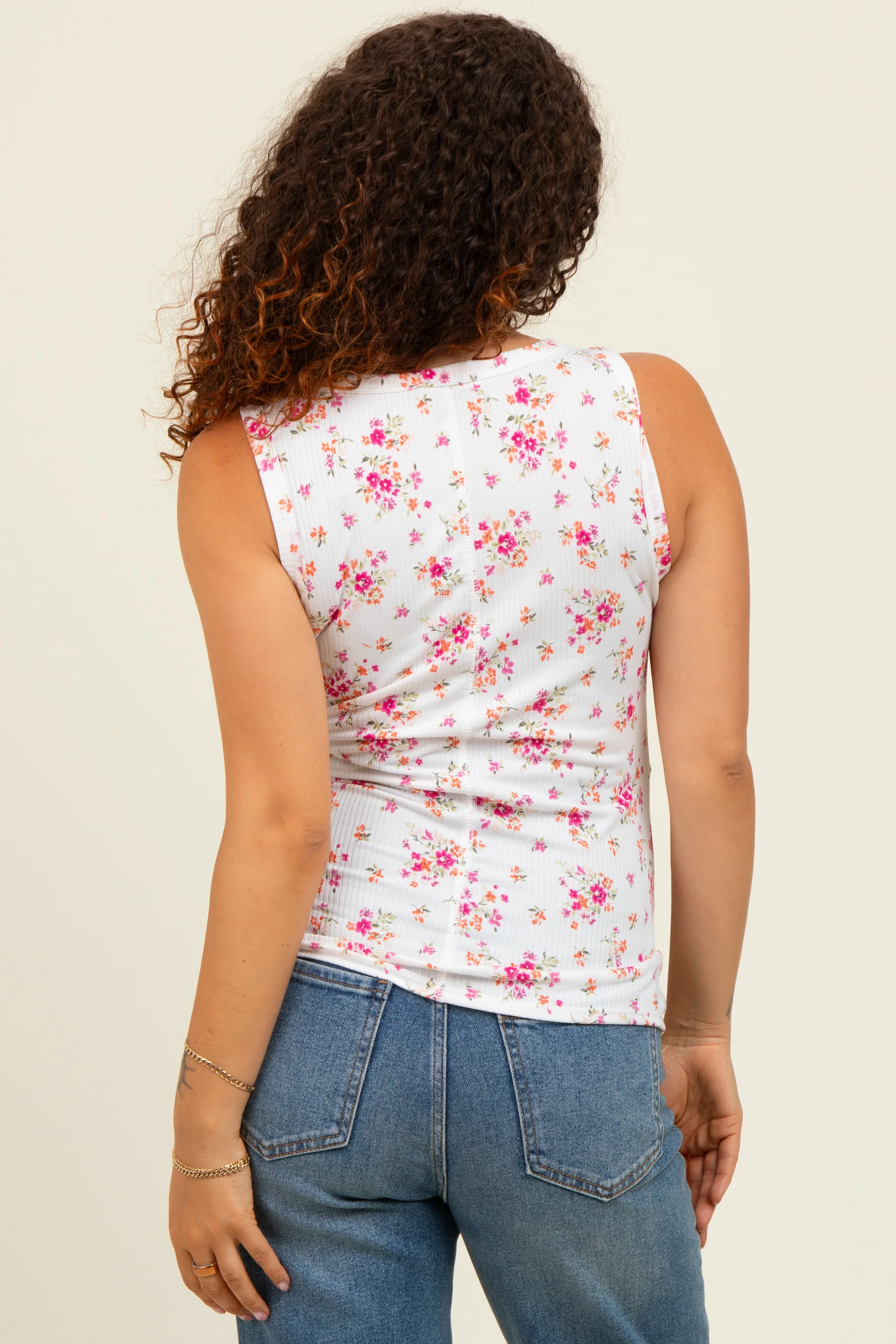 Ivory Floral Ribbed Maternity Tank Top - Image 3