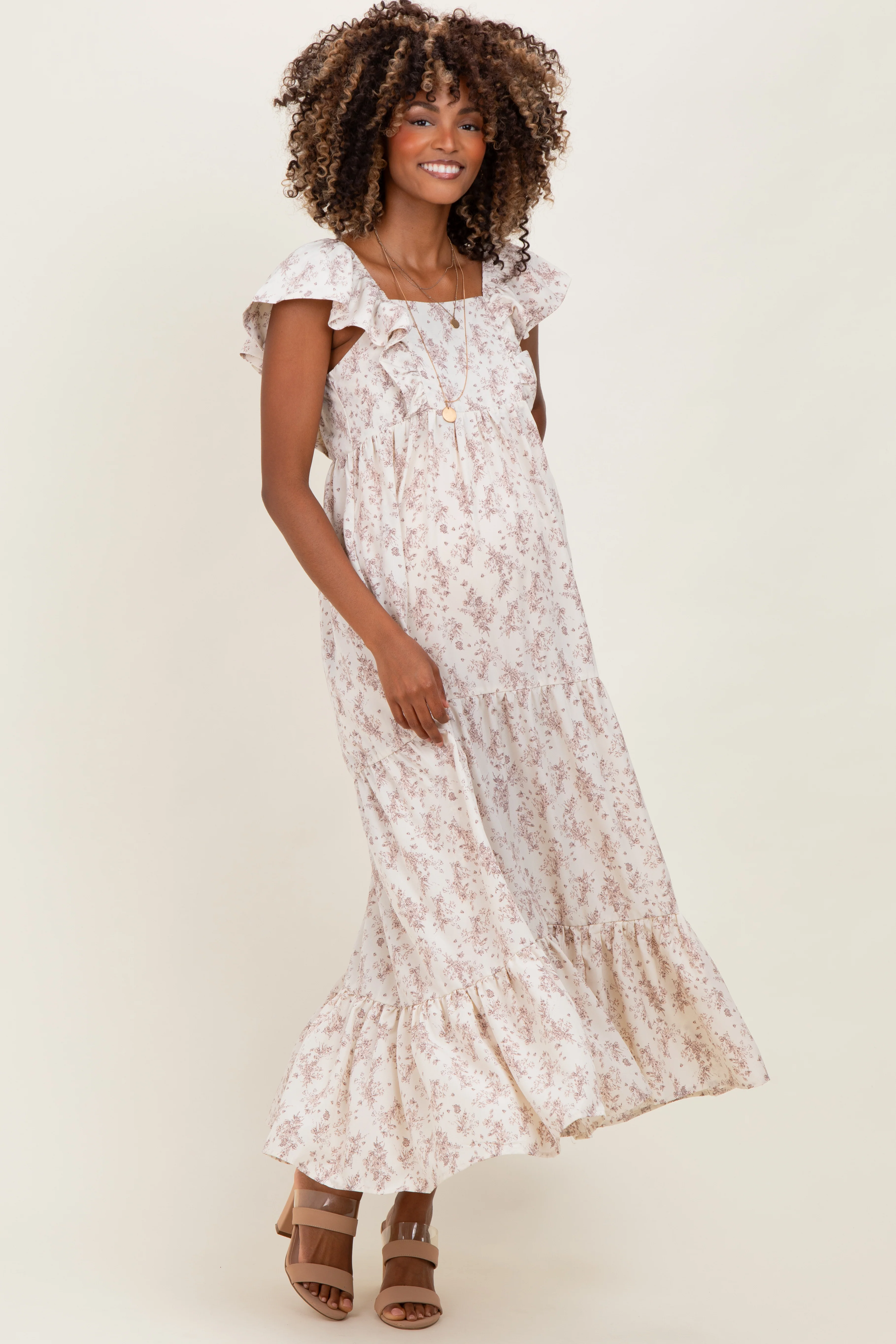 Ivory Floral Ruffle Sleeve Maternity Maxi Dress - Image 3