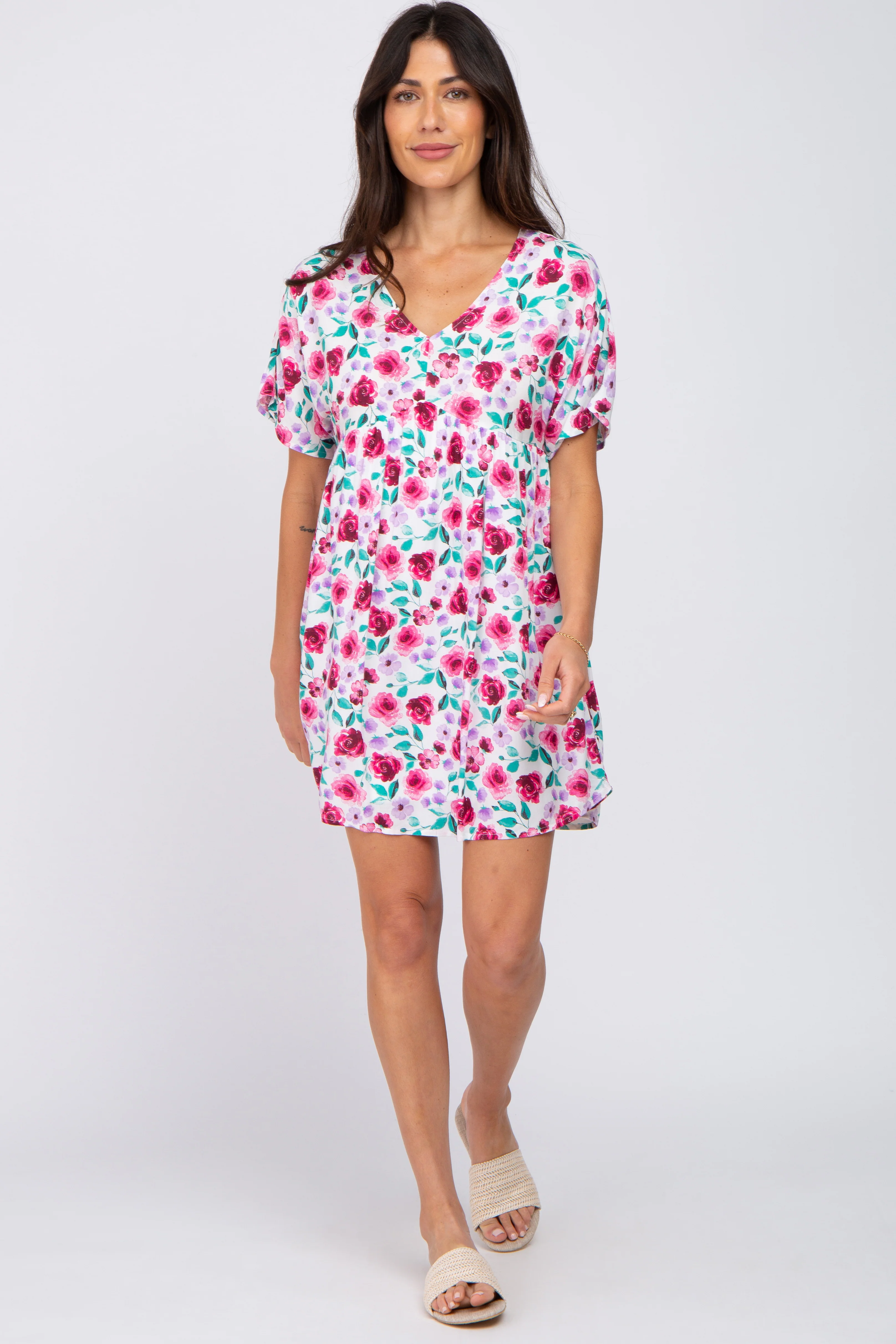 Ivory Floral Short Sleeve Babydoll Dress - Image 4