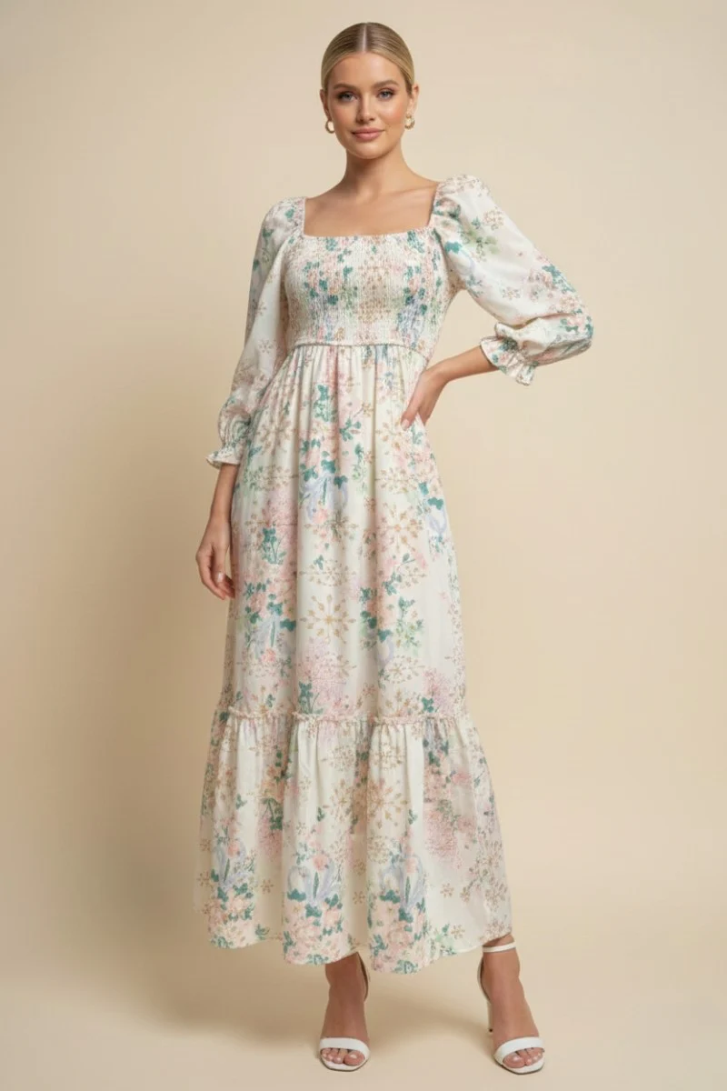Ivory Floral Smocked 3/4 Sleeve Maxi Dress