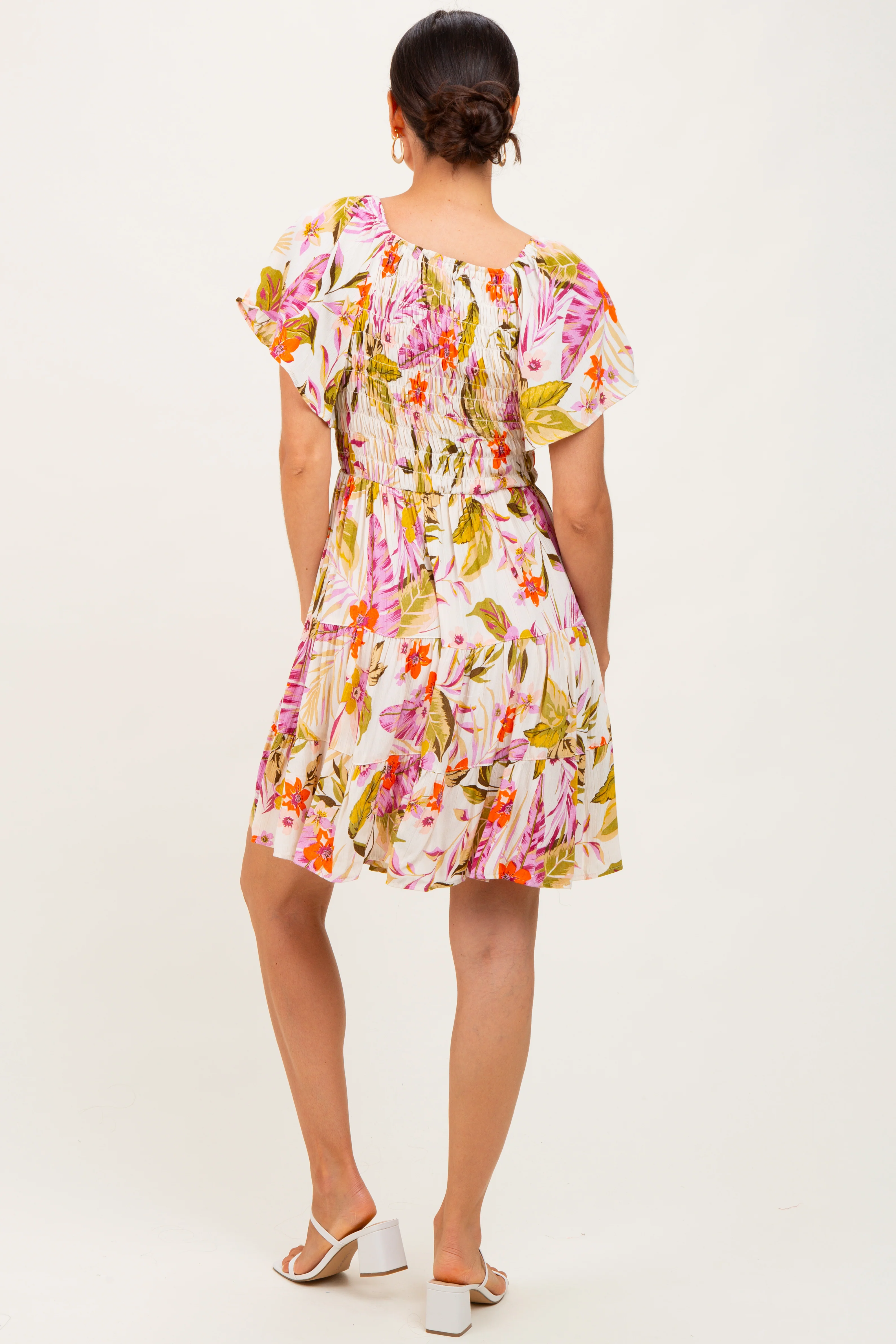 Ivory Floral Smocked Front Tiered Dress - Image 3