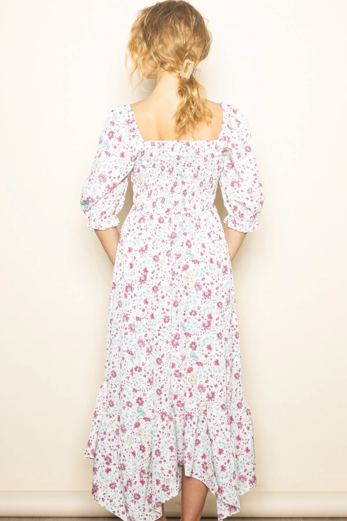 Ivory Floral Smocked Handkerchief Hem Maxi Dress - Image 4