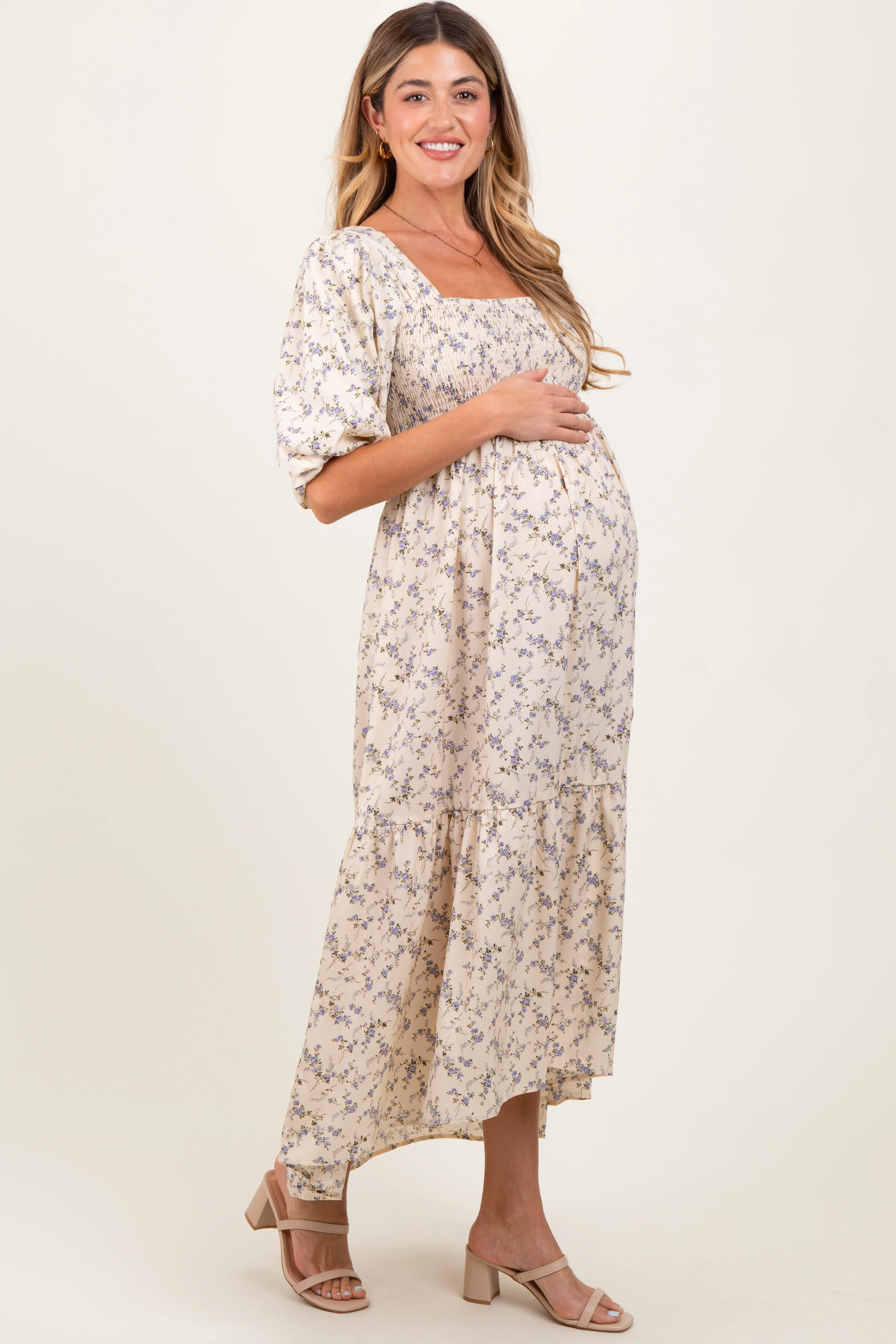 Ivory Floral Smocked Hi-Low Puff Sleeve Maternity Maxi Dress - Image 3