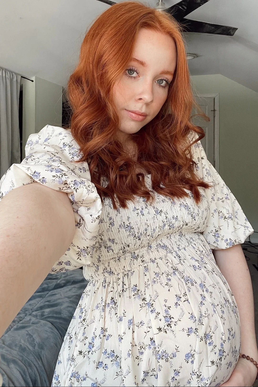 Ivory Floral Smocked Hi-Low Puff Sleeve Maternity Maxi Dress - Image 5