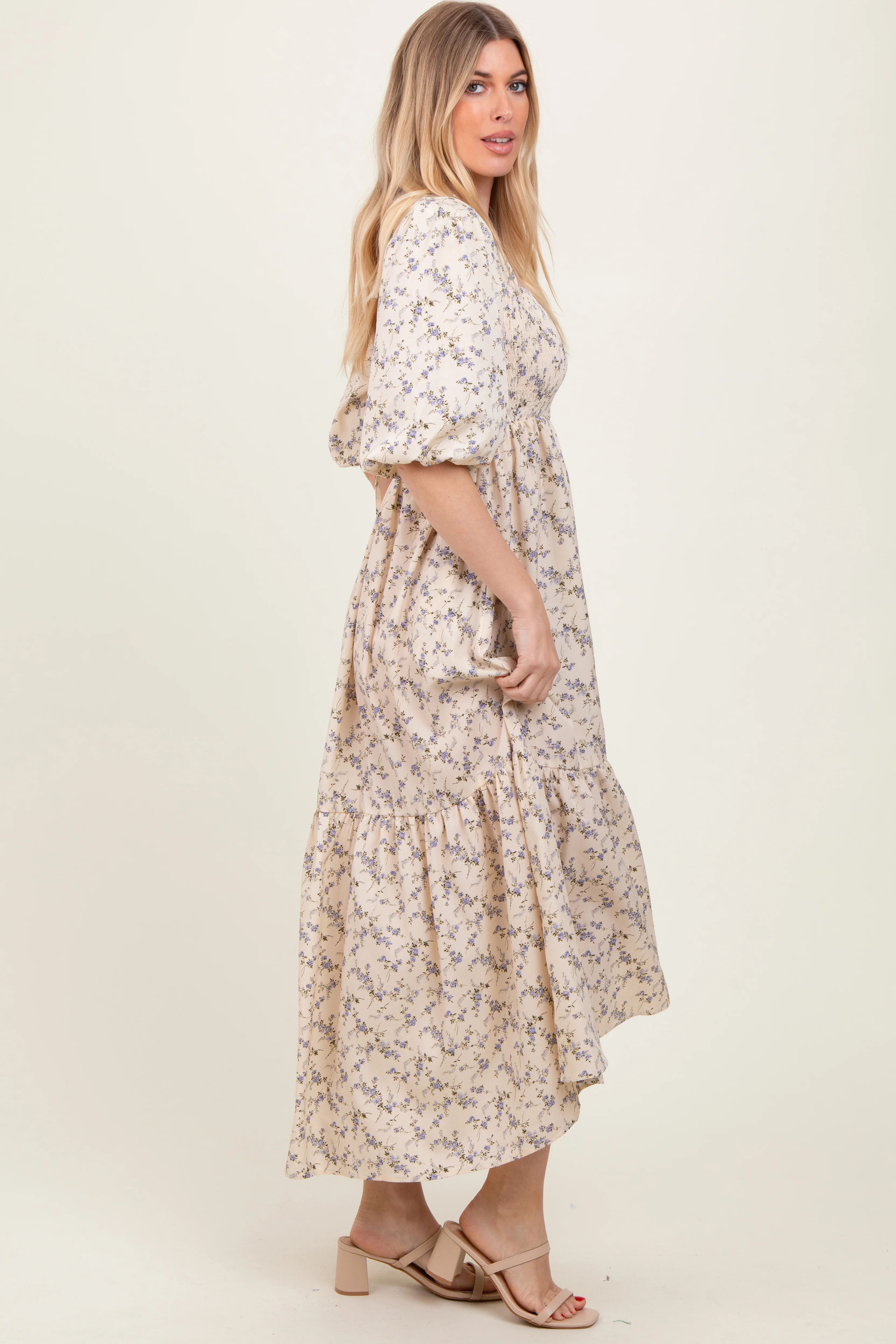 Ivory Floral Smocked Hi-Low Puff Sleeve Maxi Dress - Image 3