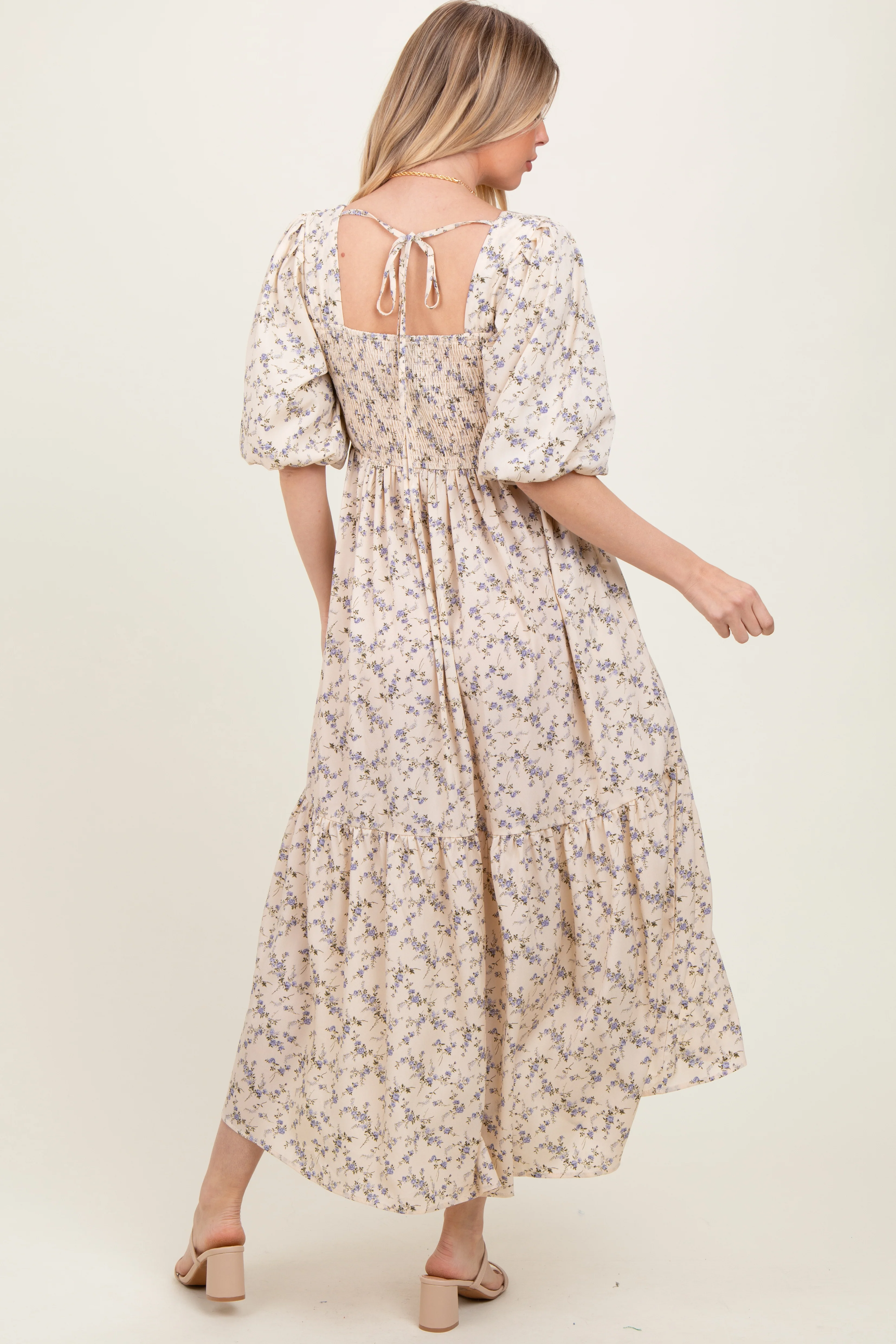 Ivory Floral Smocked Hi-Low Puff Sleeve Maxi Dress - Image 4