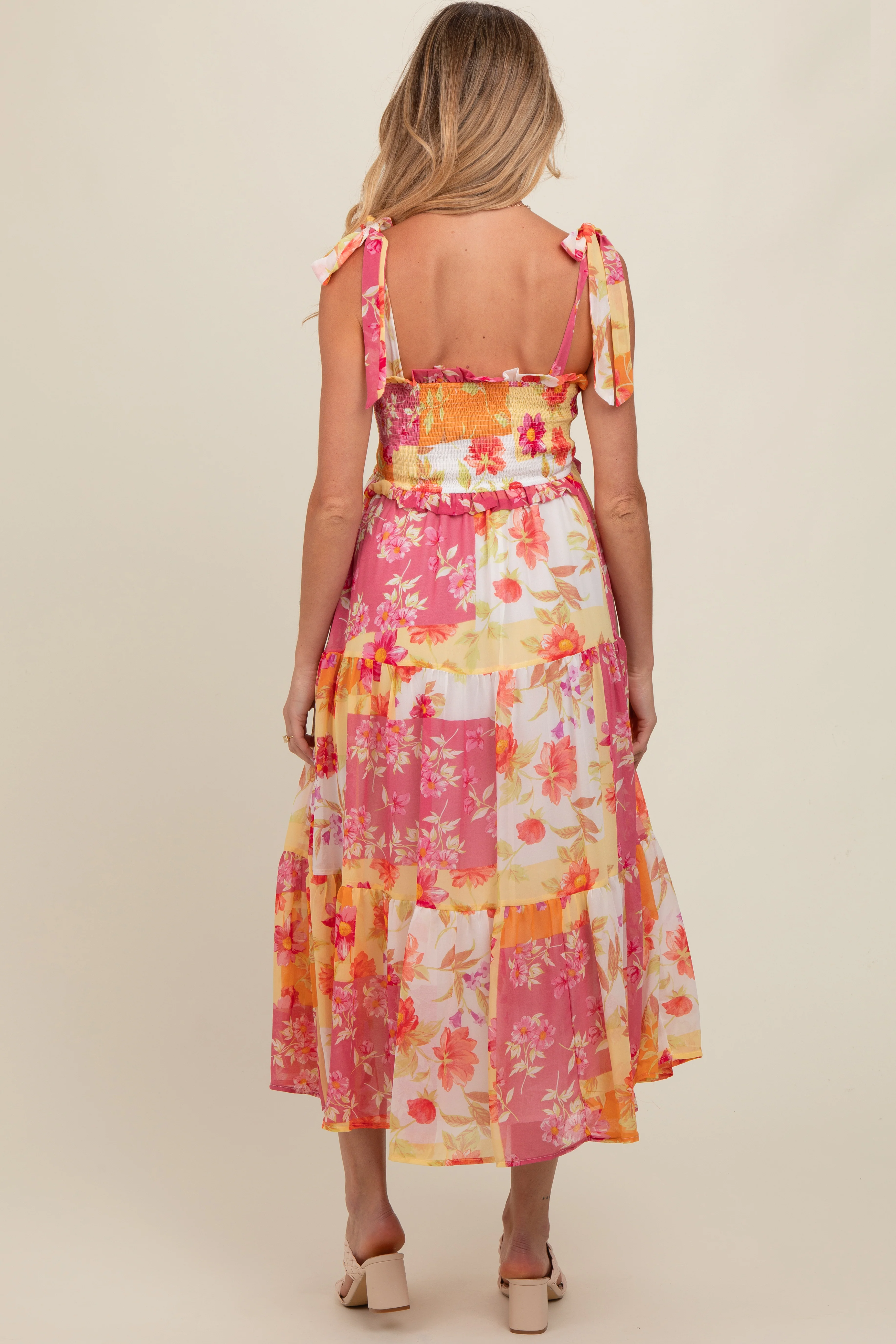 Ivory Floral Smocked Tiered Maternity Midi Dress - Image 4