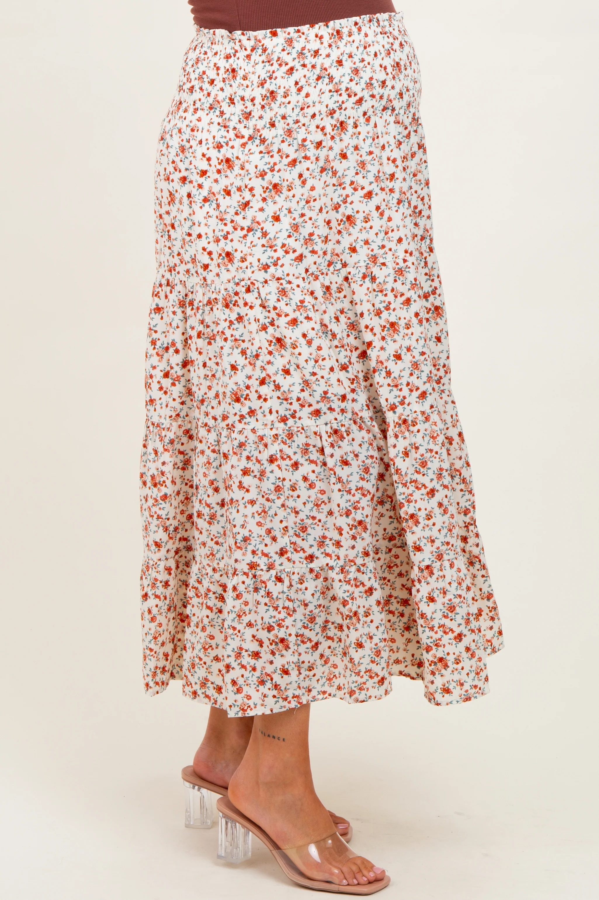 Ivory Floral Smocked Waist Maternity Maxi Skirt - Image 3