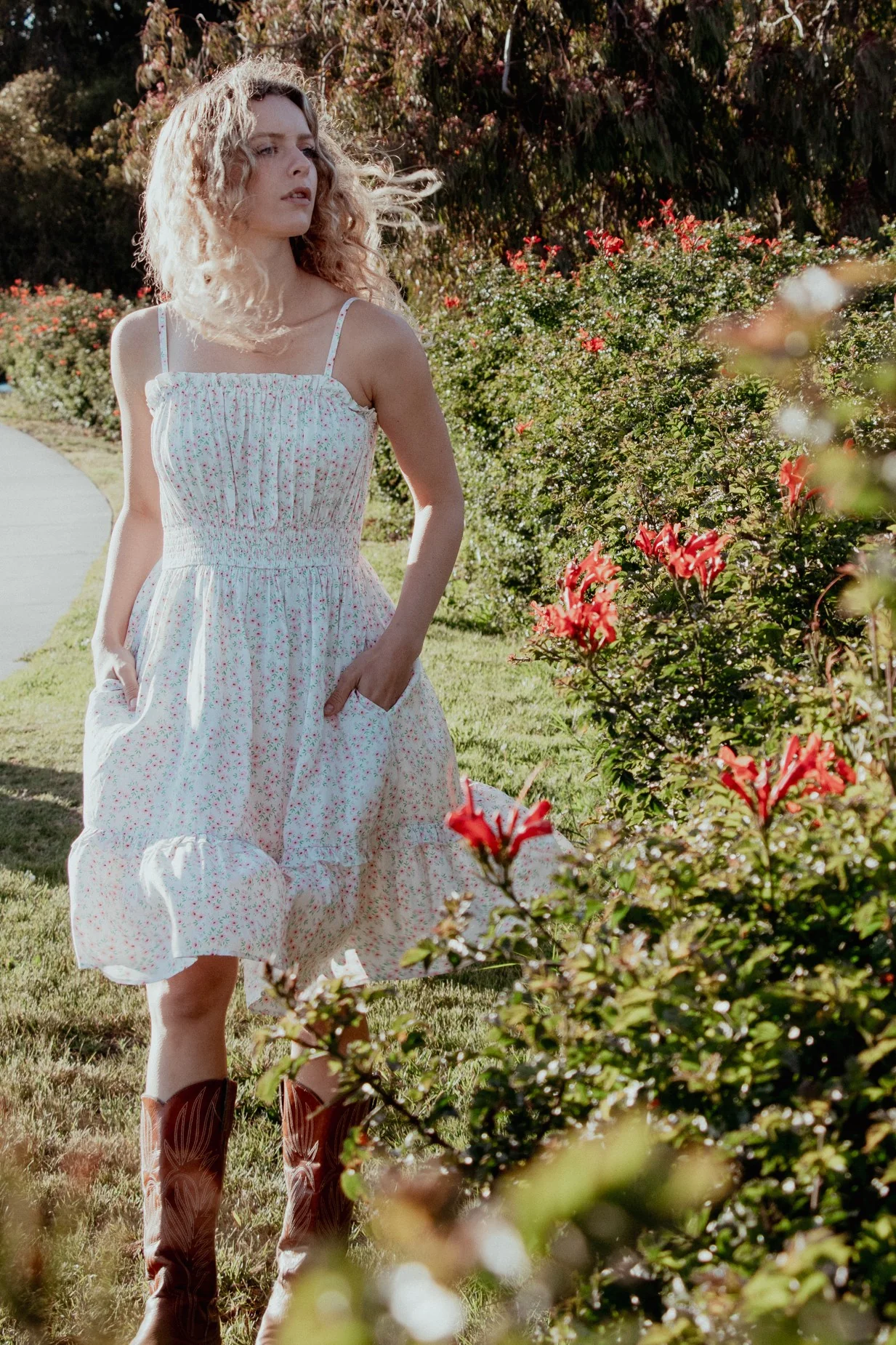 Ivory Floral Smocked Waist Ruffle Accent Maternity Dress - Image 5