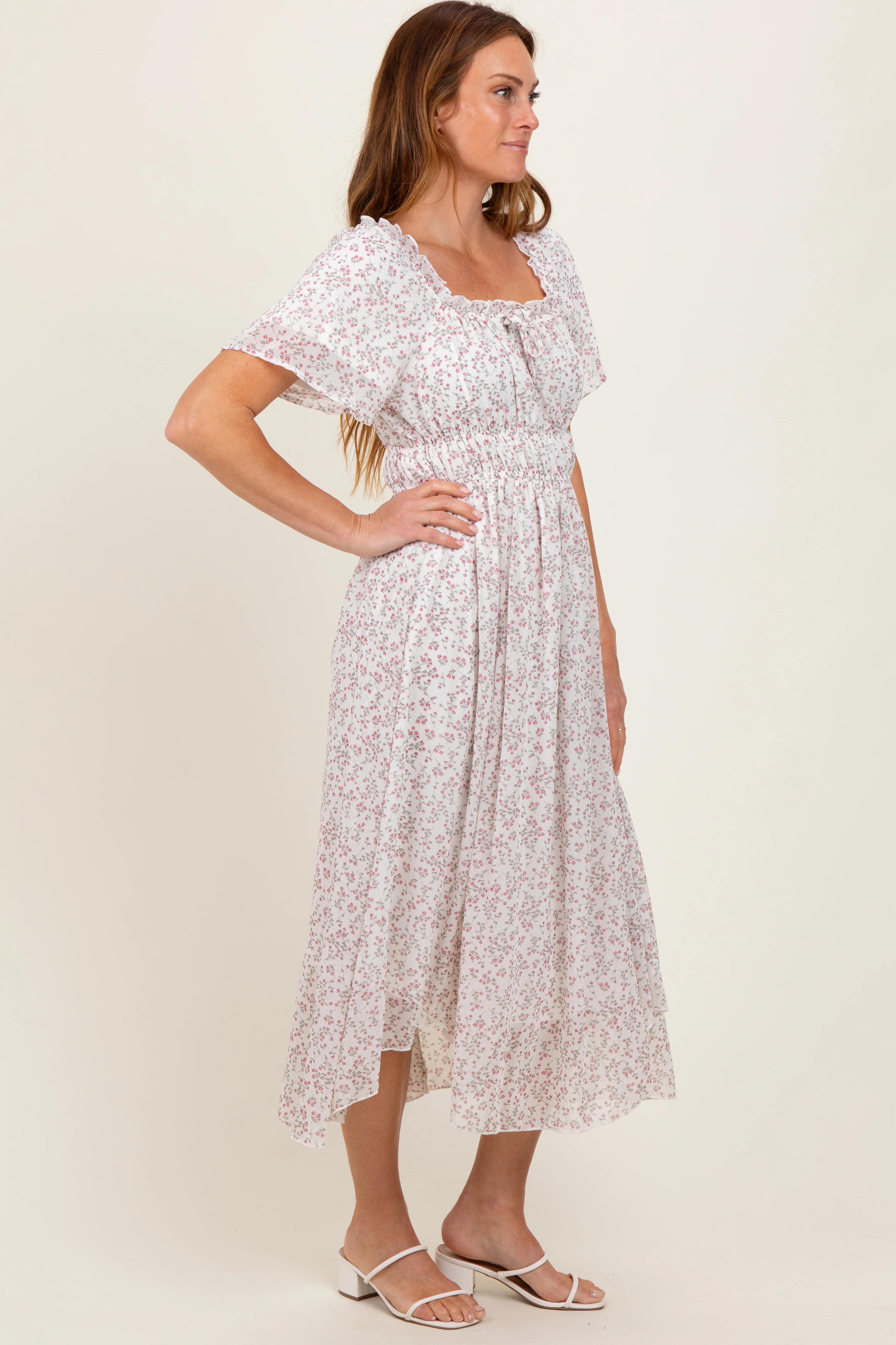 Ivory Floral Square Neck Front Tie Midi Dress - Image 3