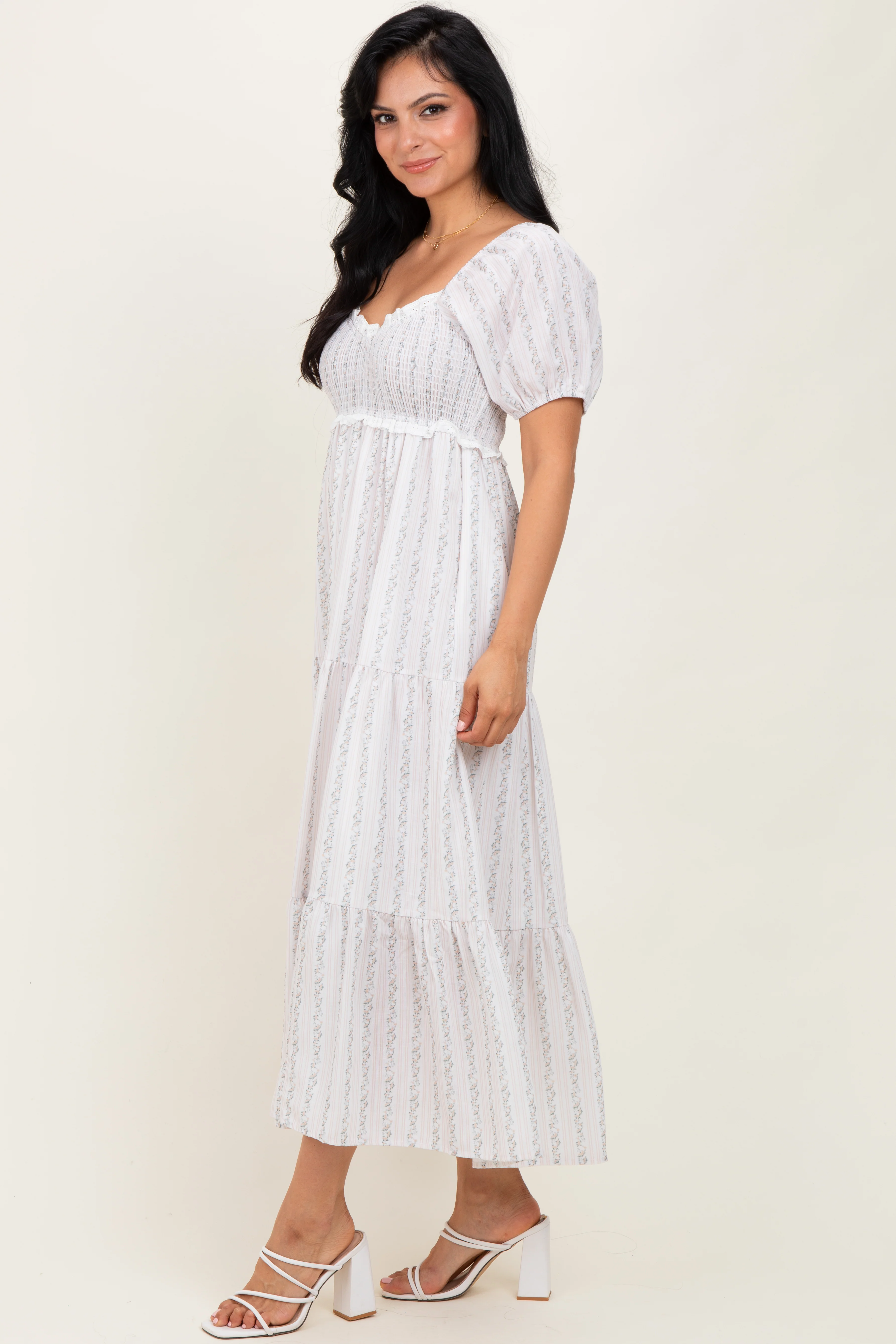 Ivory Floral Stripe Tiered Maxi Dress - Image 3