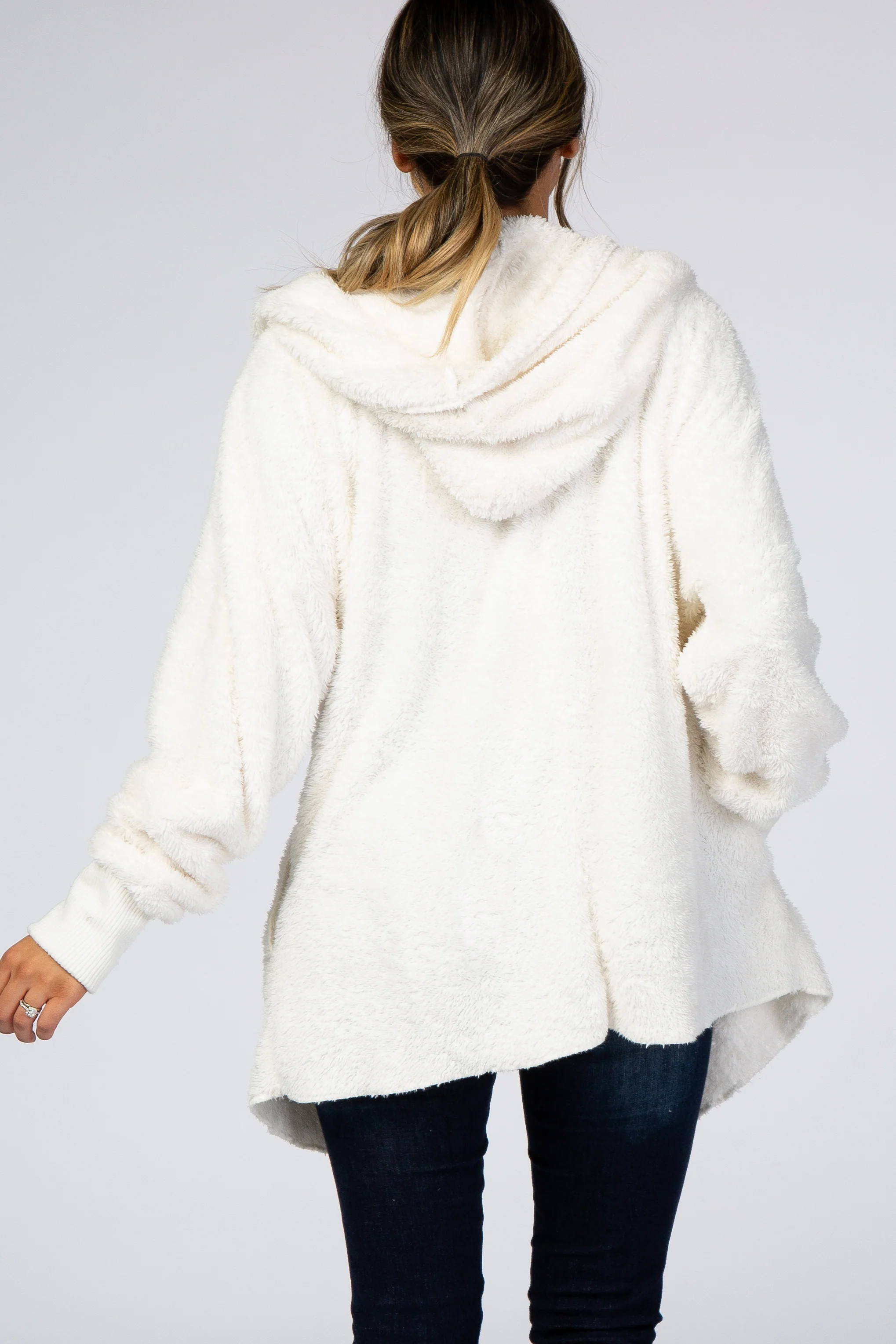 Ivory Fuzzy Hooded Long Sleeve Jacket - Image 3
