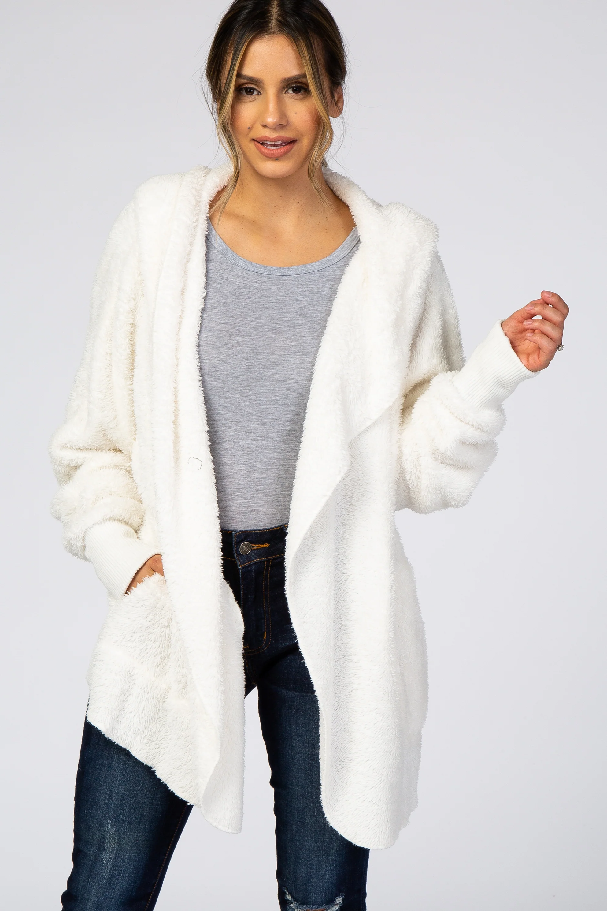 Ivory Fuzzy Hooded Long Sleeve Maternity Jacket - Image 8
