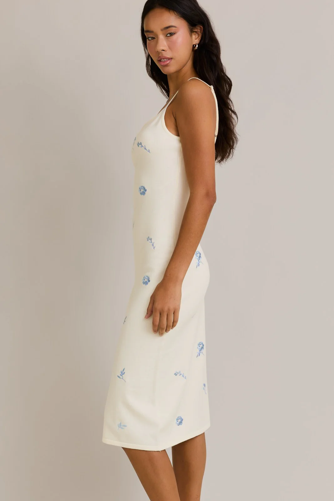 Ivory Knit Floral Embroidery Midi Tank Dress - Image 3