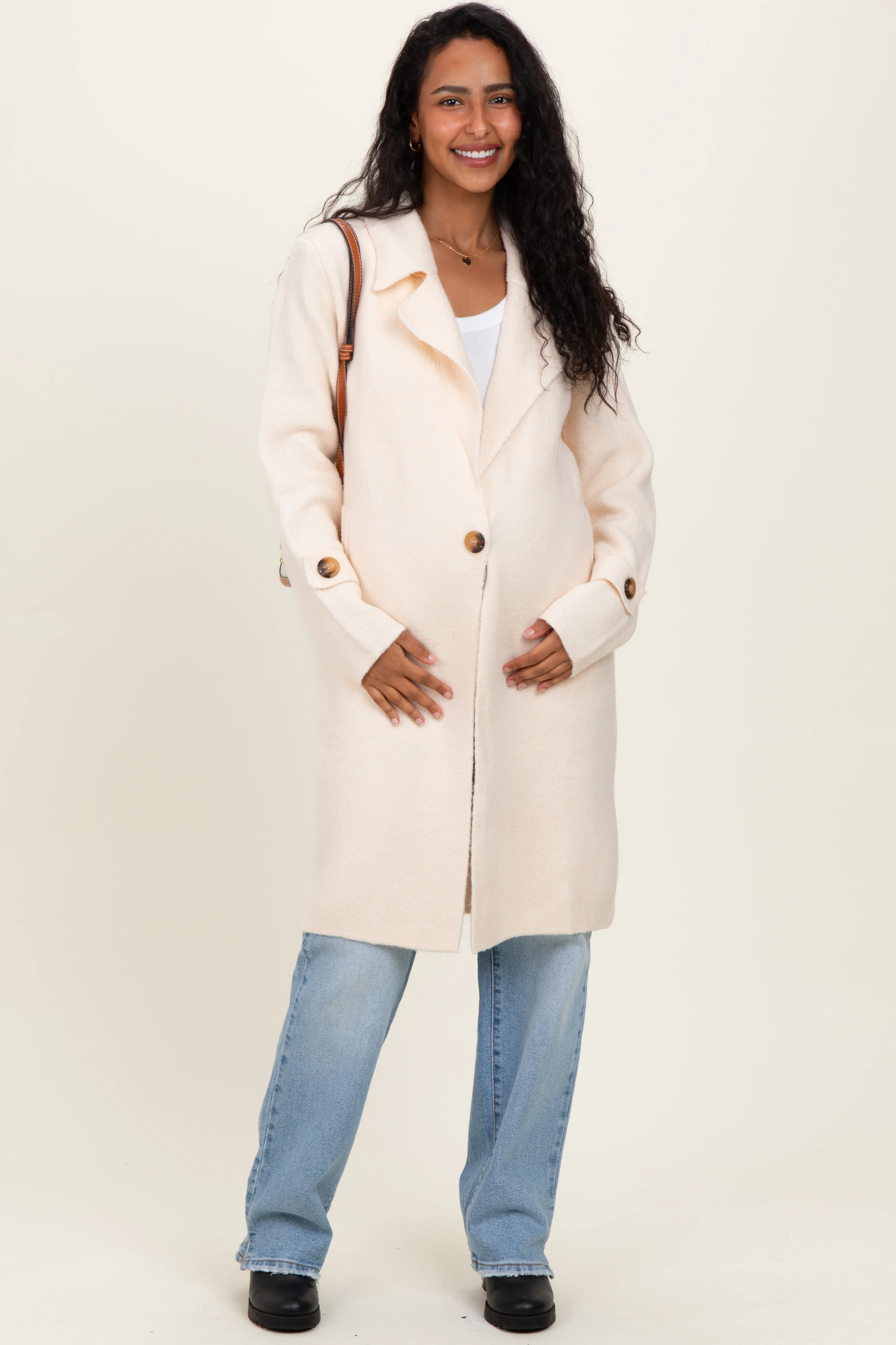 Ivory Knit Long Maternity Sweater Coat - Image 3