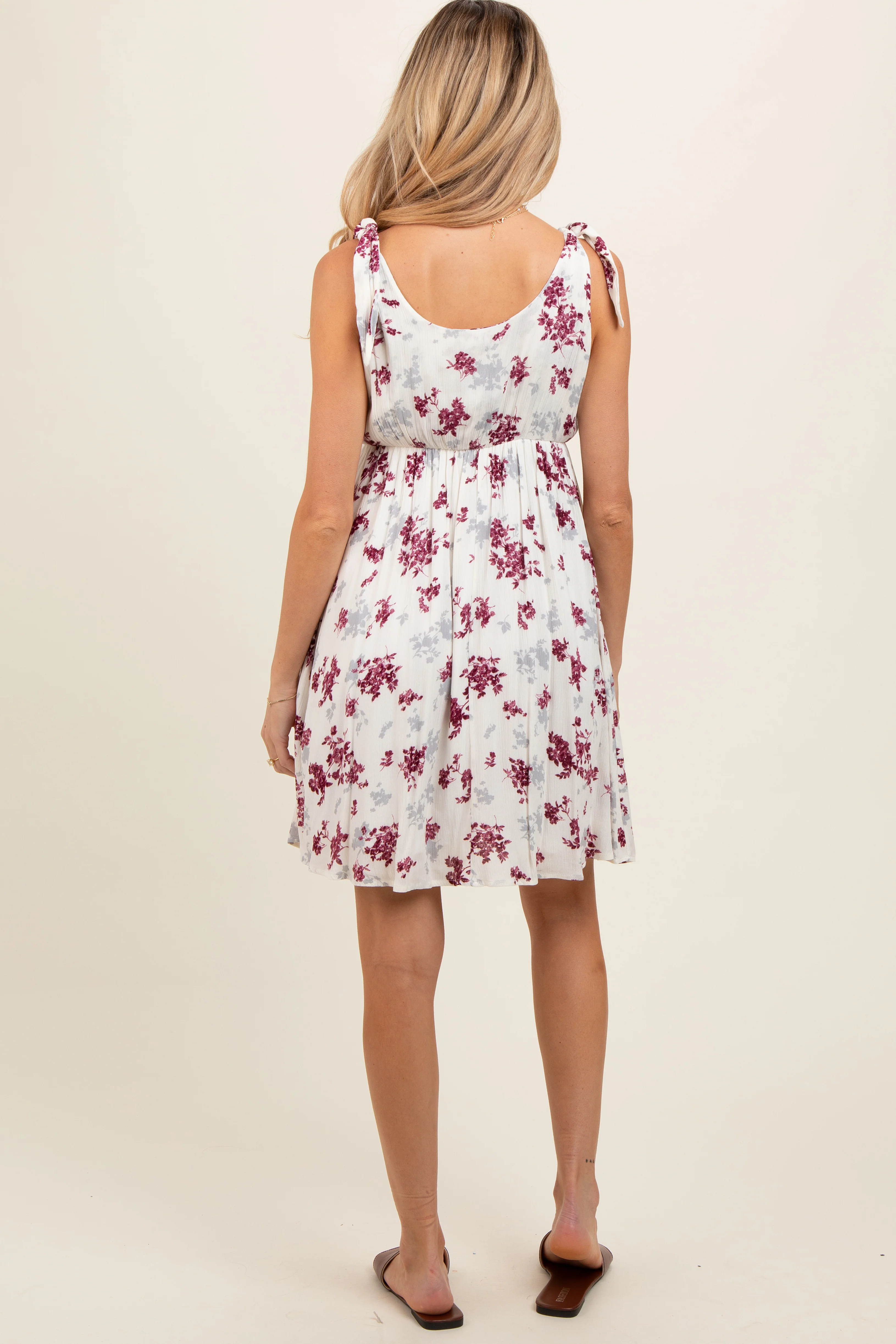 Ivory Mauve Floral Knotted Wrap V-Neck Maternity Dress - Image 3
