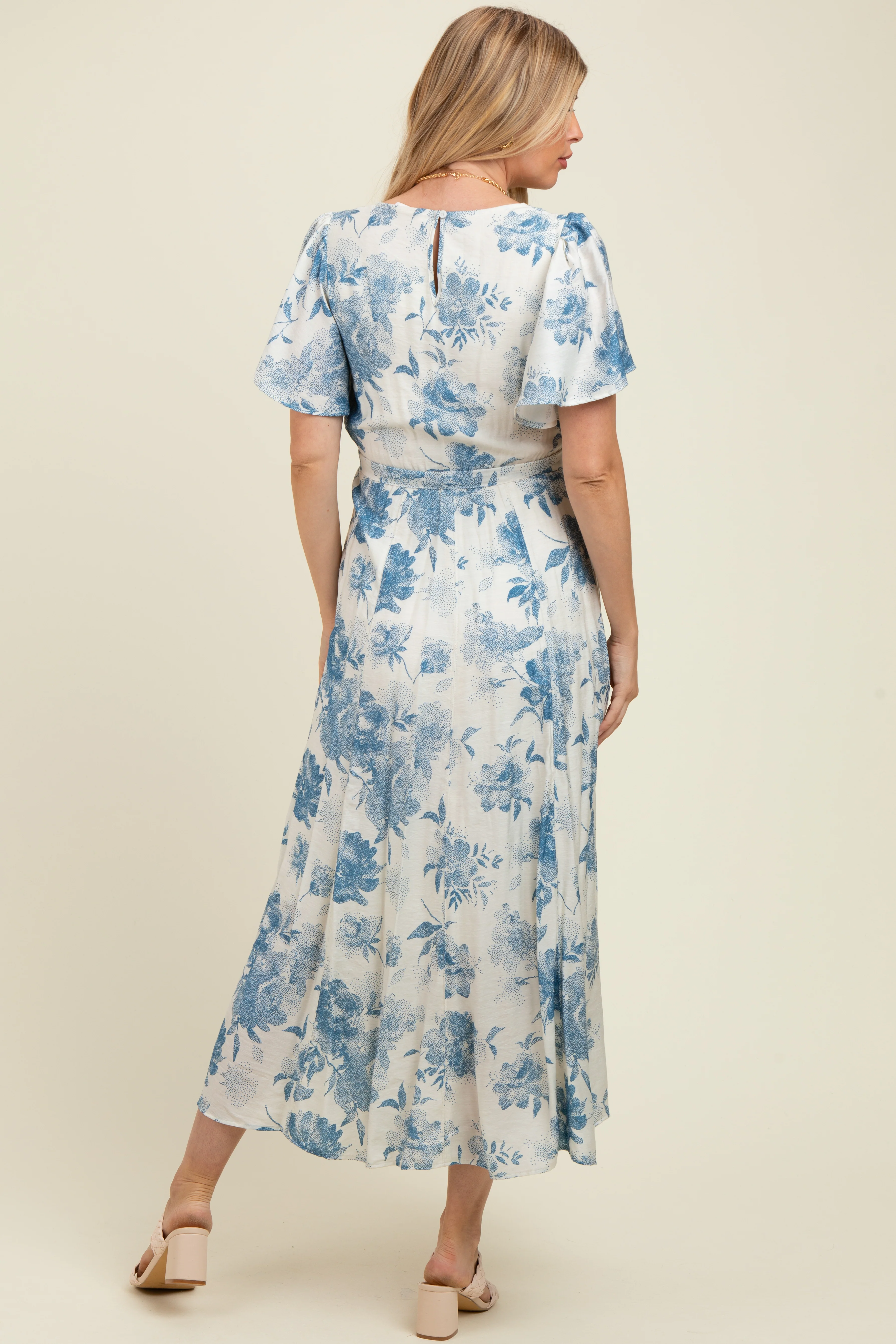 Ivory Multi Floral Flutter Sleeve Maternity Maxi Dress - Image 4
