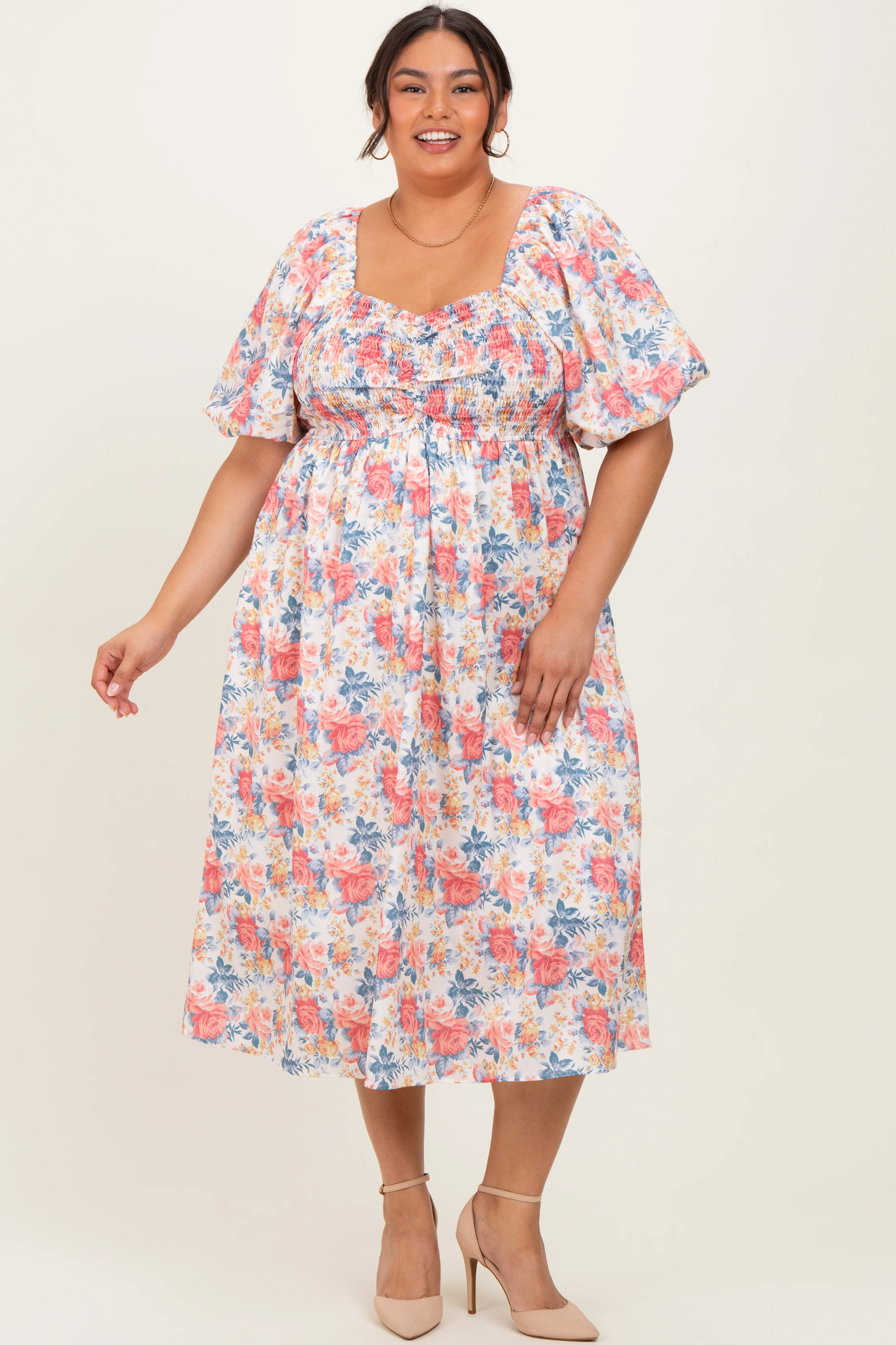 Ivory Multi Floral Print Smocked Ruched Bust Plus Midi Dress - Image 6
