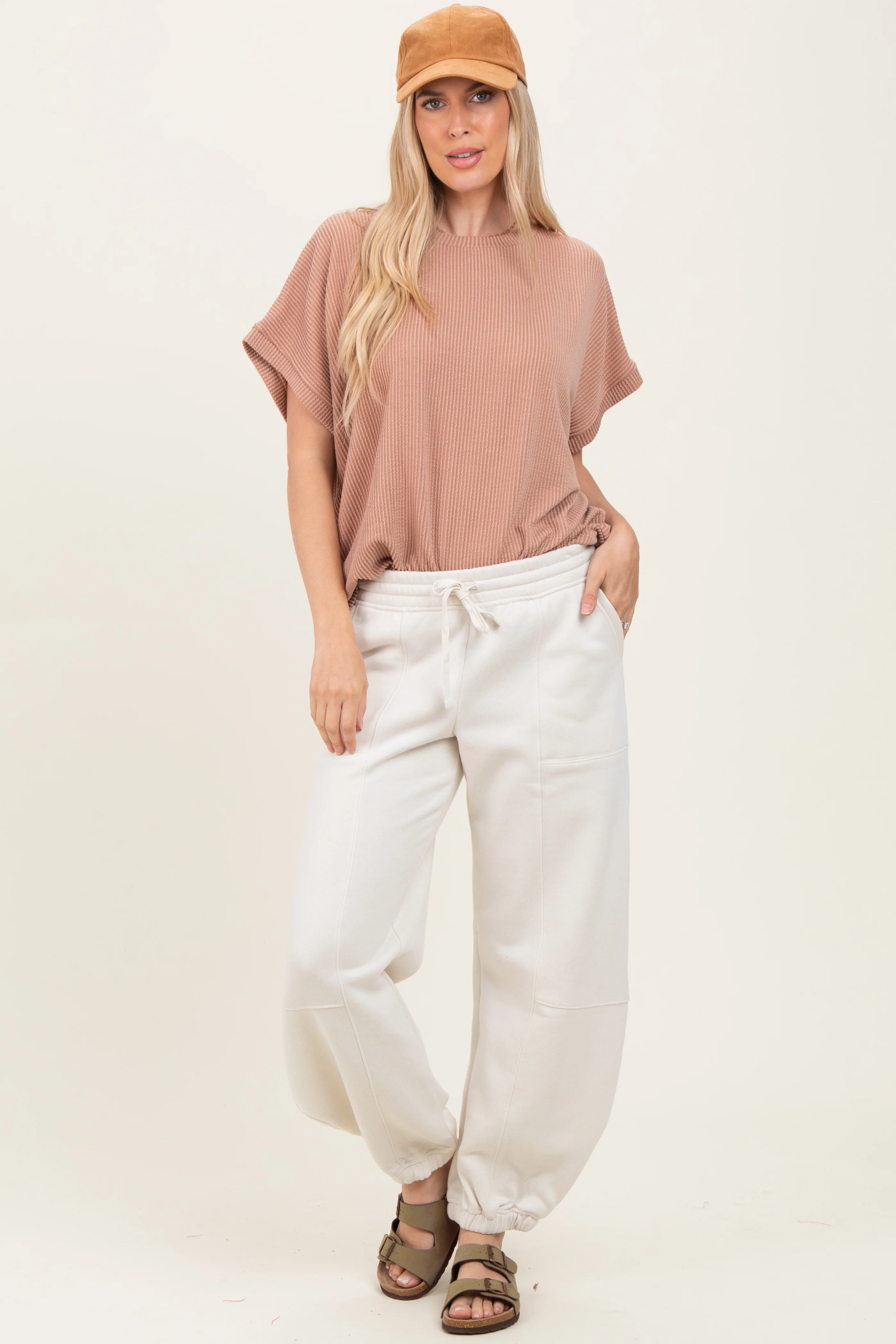 Ivory Multi Seam Fleece Maternity Sweatpants - Image 5